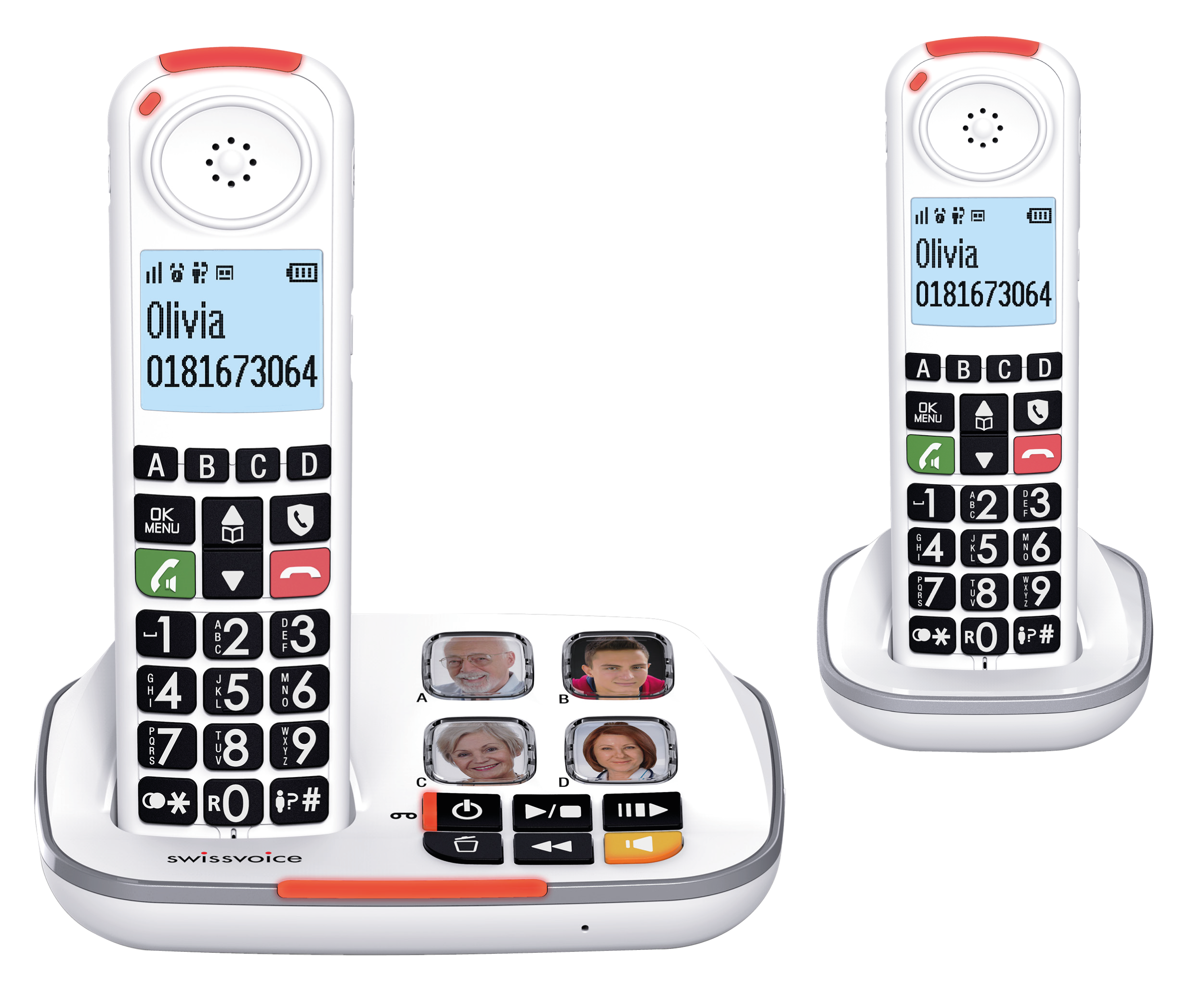 Téléphone blanc à gros boutons avec deux combinés sur une base. Affiche le nom et le numéro d'un contact.