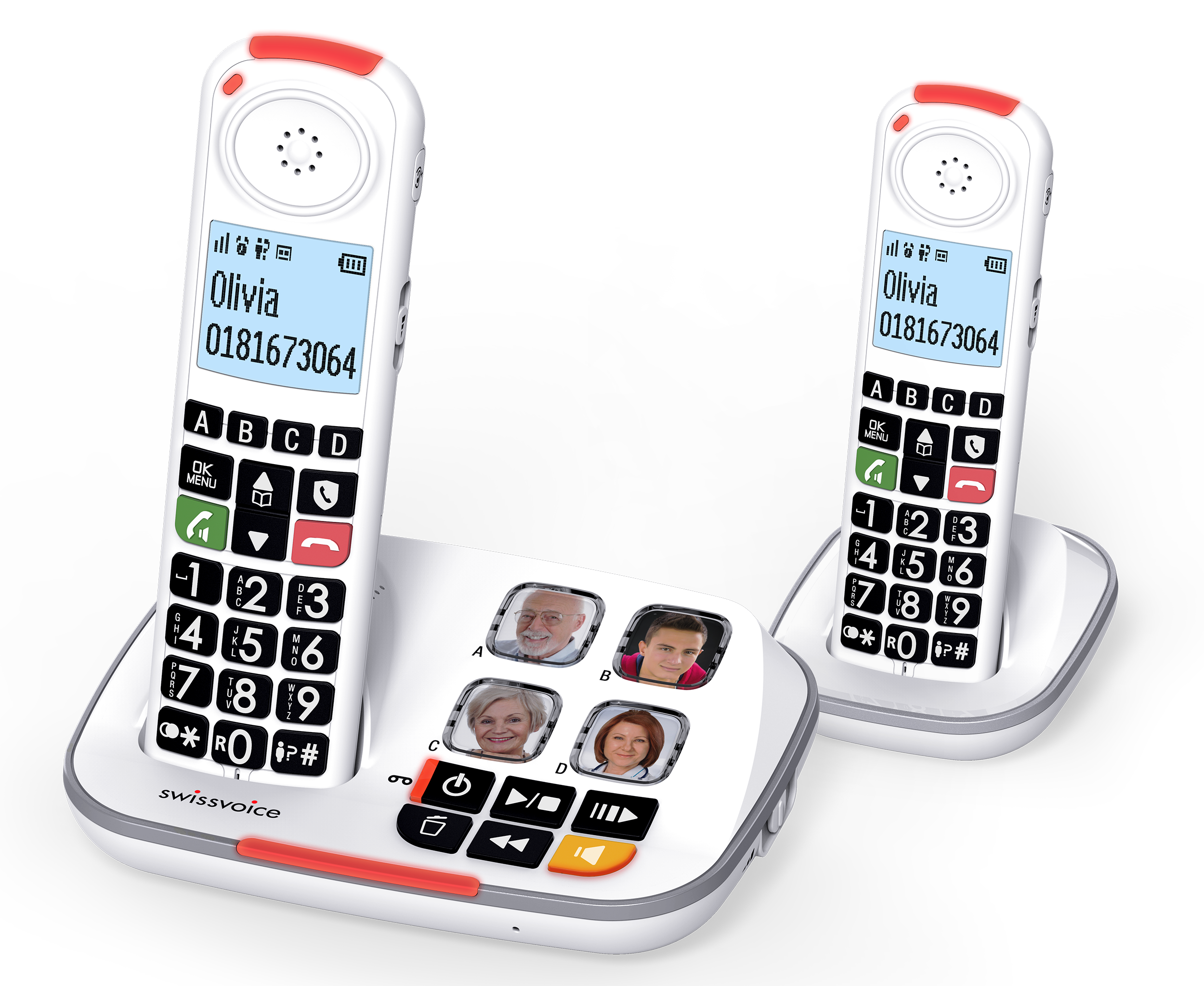 Deux téléphones sans fil blancs sur une station de base avec photos de contact et bord rouge.