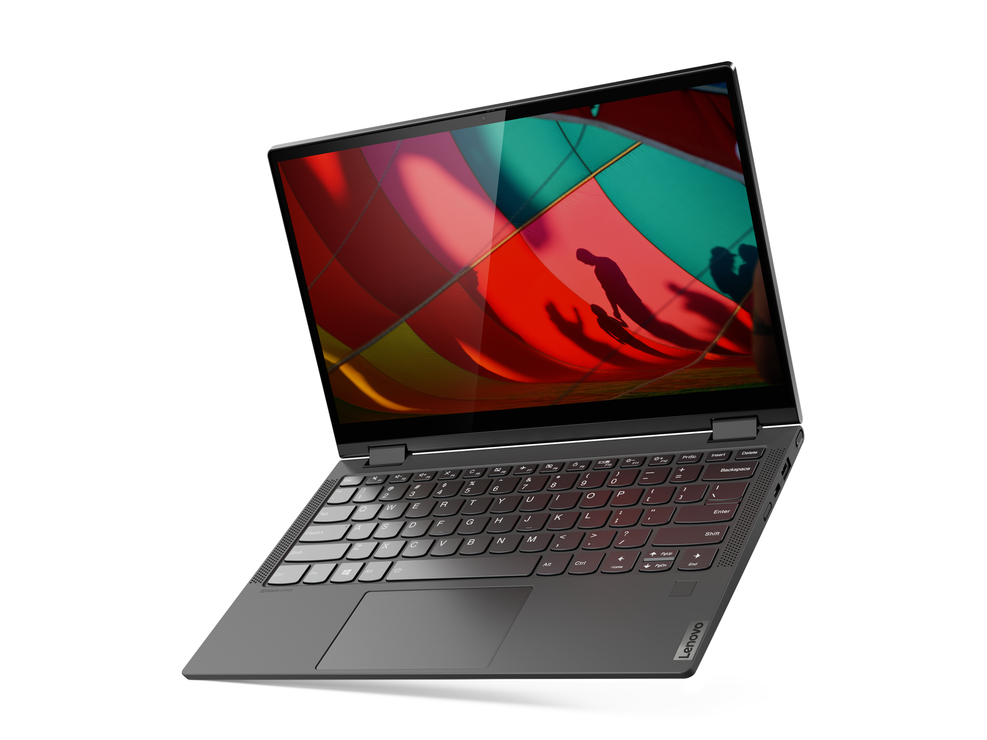 Un laptop Lenovo aperto mostra un design astratto colorato sullo schermo, su sfondo bianco.