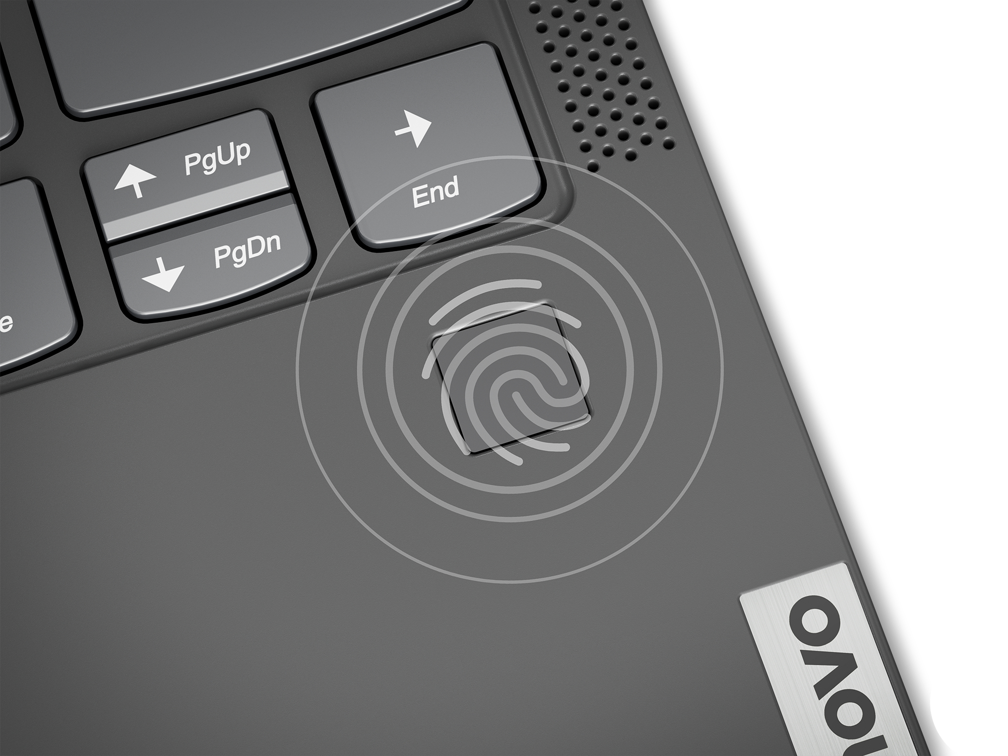 Primo piano di un touchpad per laptop con sensore di impronte digitali. Logo Lenovo.