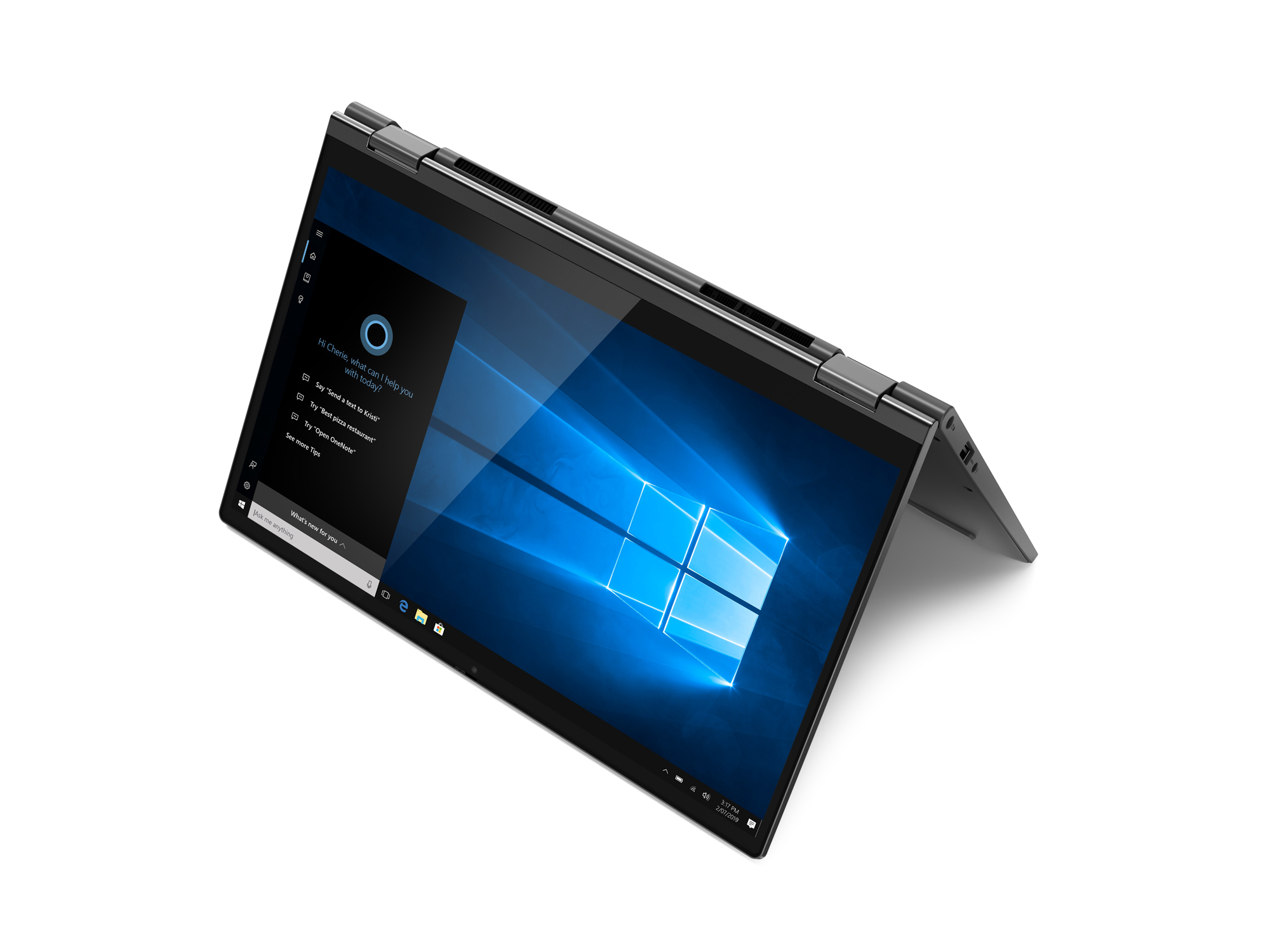 Laptop, aperto, angolato. Interfaccia Cortana sullo schermo.