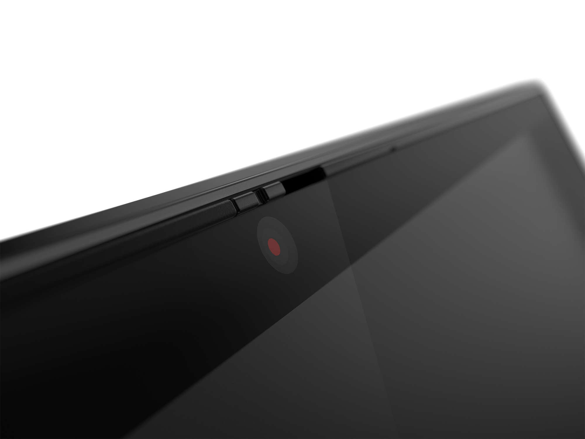 Primo piano di un tablet nero. Ha una fotocamera e uno schermo nero.