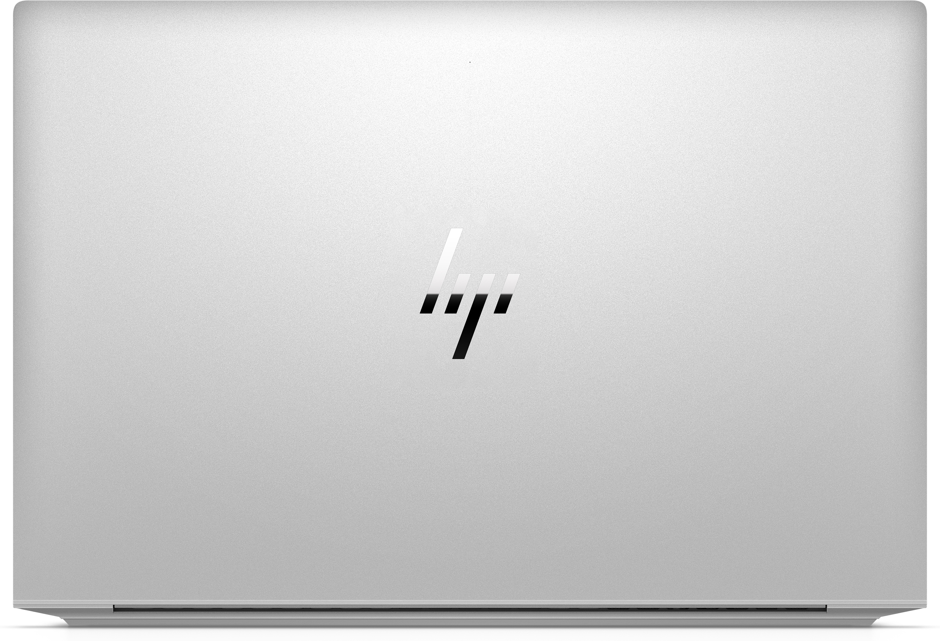 Laptop argentato con logo HP sul coperchio, su sfondo bianco.