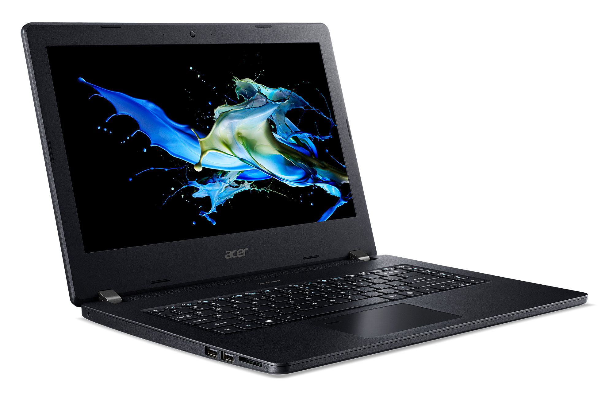 Laptop negro con pantalla colorida. La marca 'acer' es visible debajo de la pantalla.
