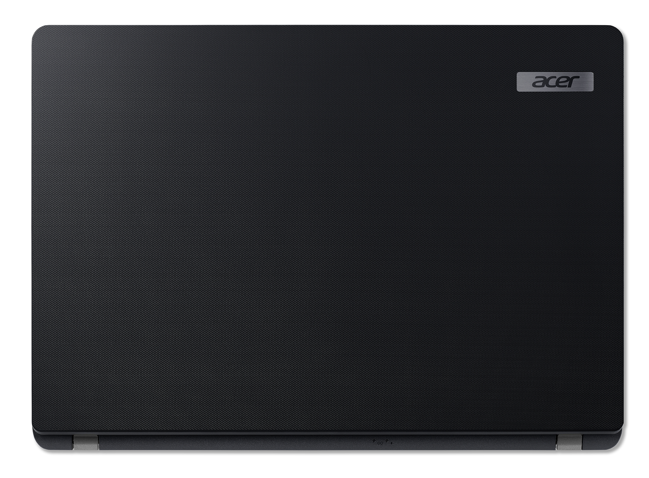 La parte superior negra de una computadora portátil con un logotipo de Acer en la esquina superior derecha, superficie texturizada.