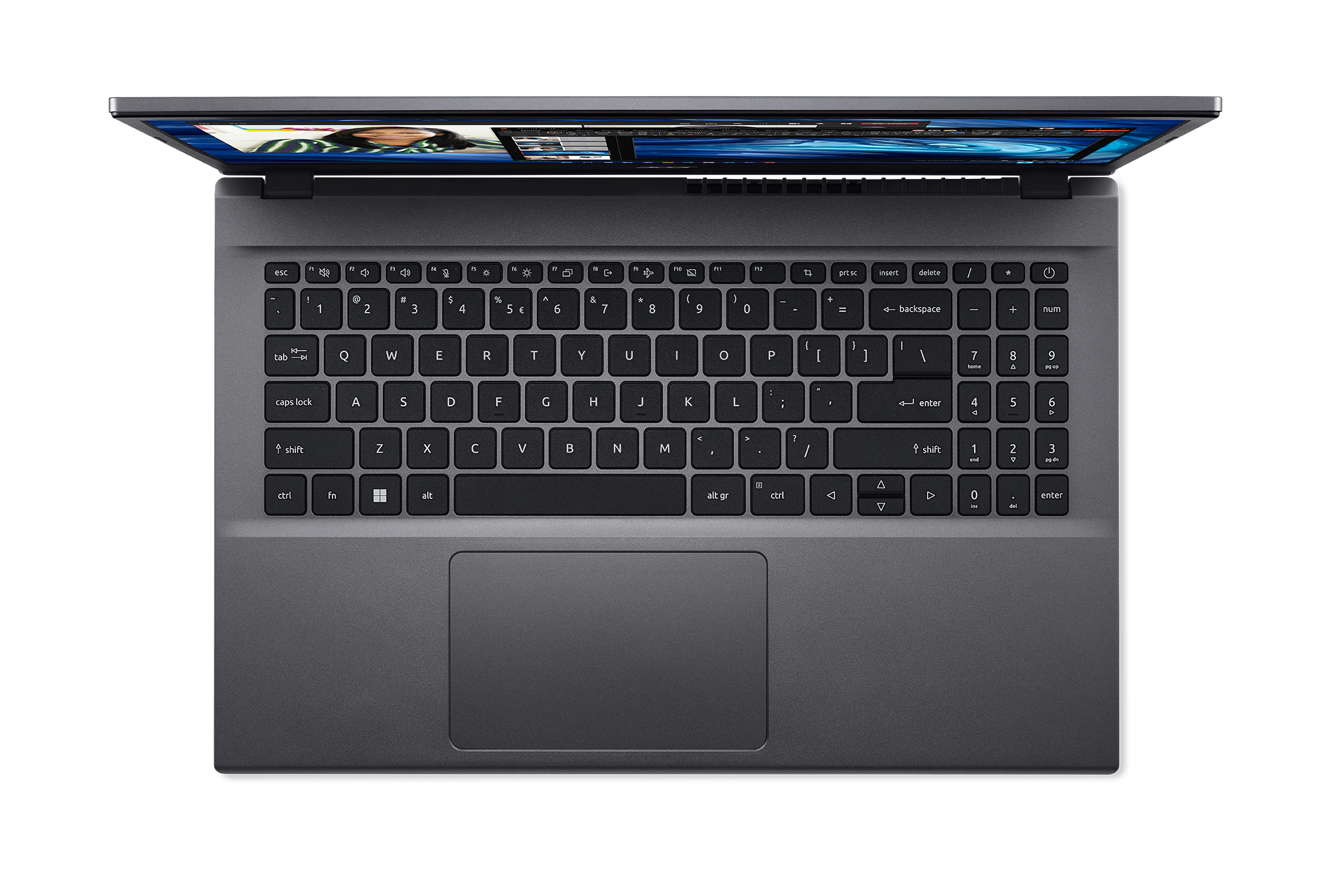 Un laptop con tastiera grigia, vista dall'alto. Lo schermo mostra una pagina web. Sfondo bianco.
