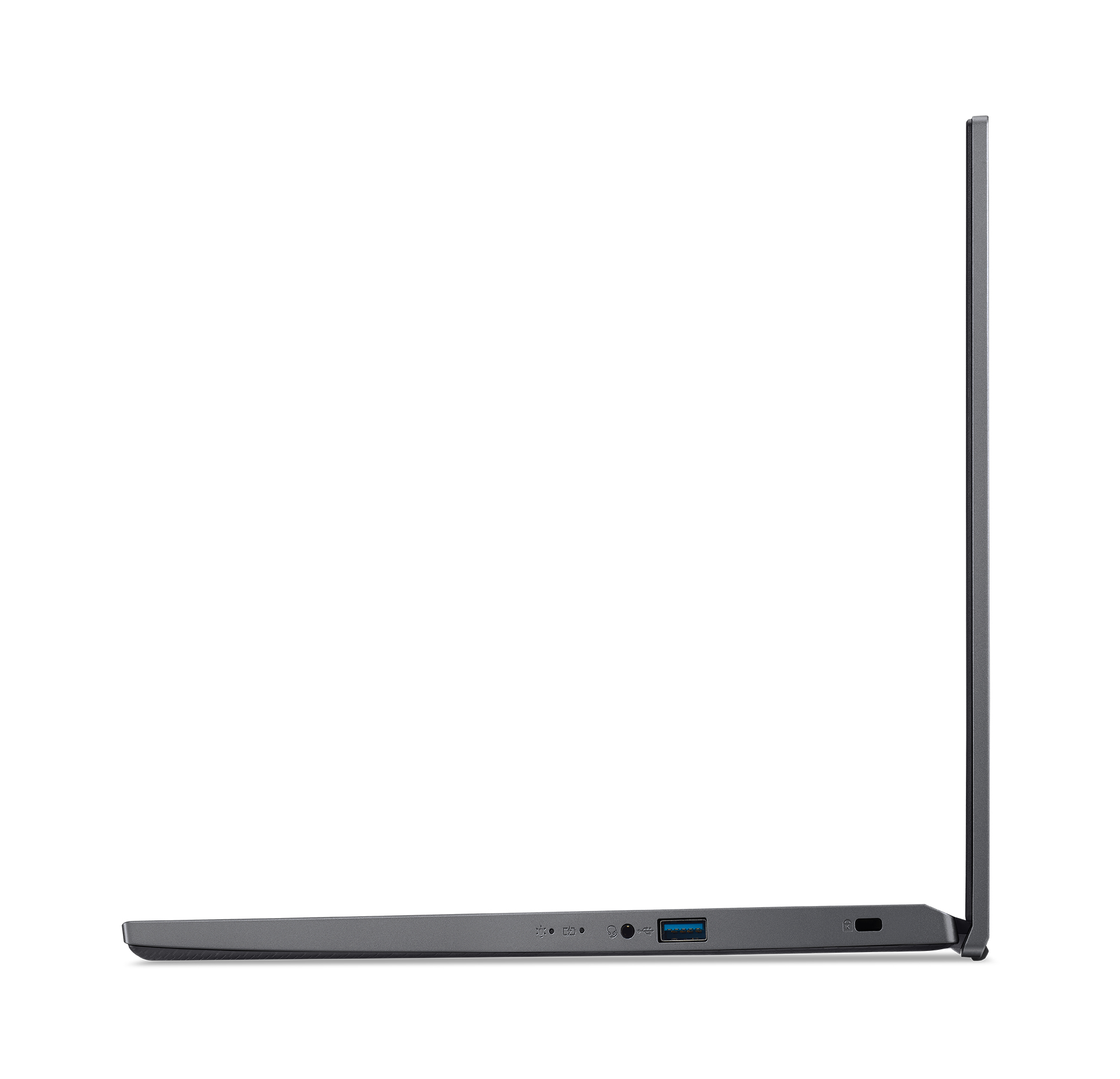 Vista laterale di un laptop grigio. Lo schermo è aperto. Le porte sono visibili sul lato.