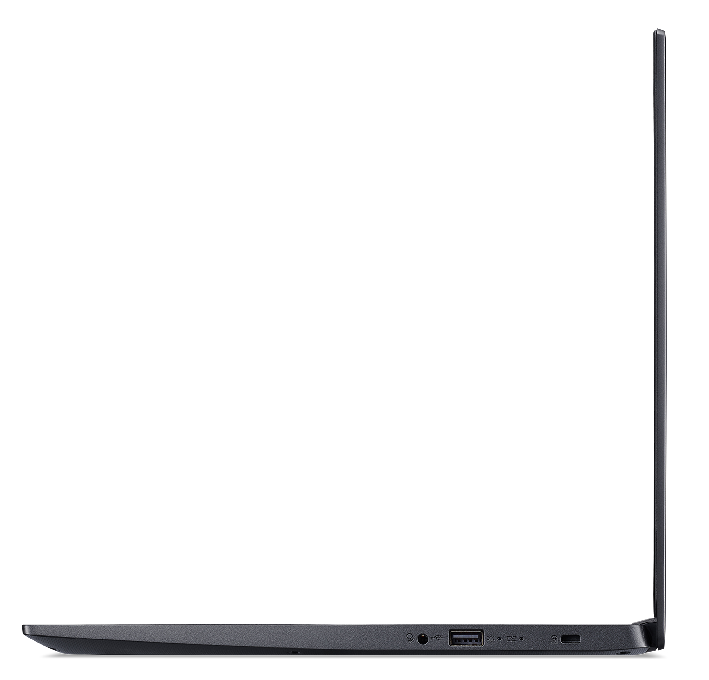 Vista laterale di un laptop nero con porte sul lato. Su sfondo bianco.