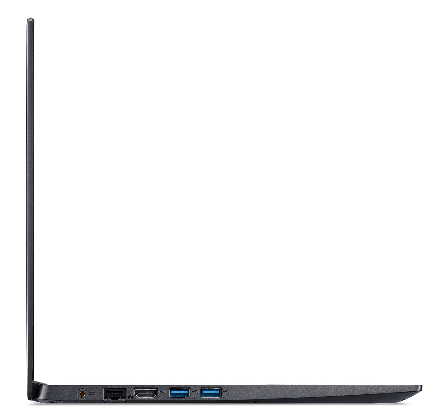 Vista laterale di un laptop nero. Mostra le porte e una cornice nera. Il laptop è chiuso.