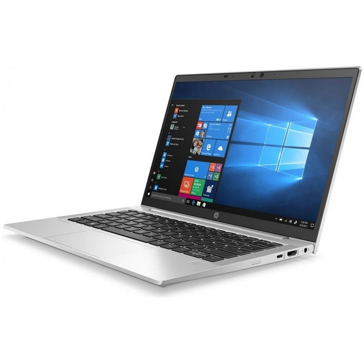 Un laptop HP argentato, aperto, che mostra il desktop di Windows.
