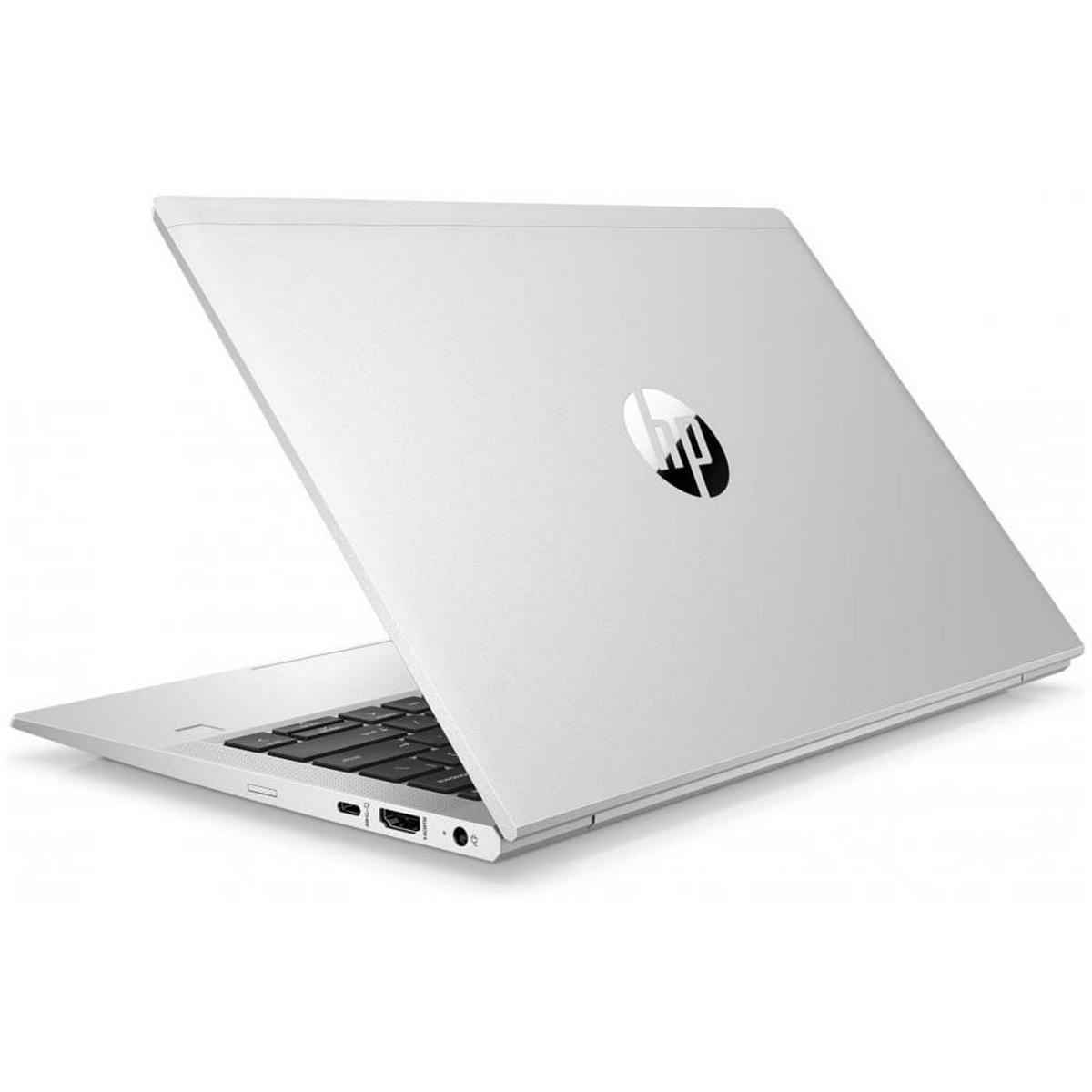 Laptop argentato, chiuso, vista angolata. Logo HP al centro. Sfondo bianco.