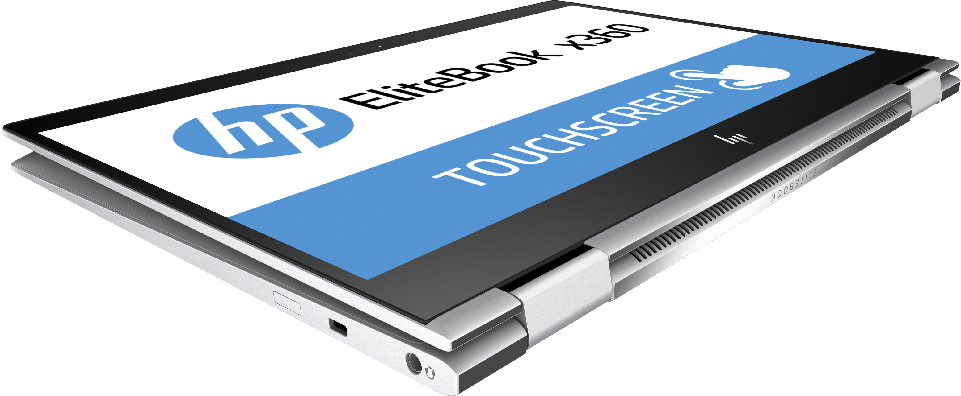 Laptop argentato, aperto, vista angolata, che mostra le informazioni sul touchscreen e il logo HP.