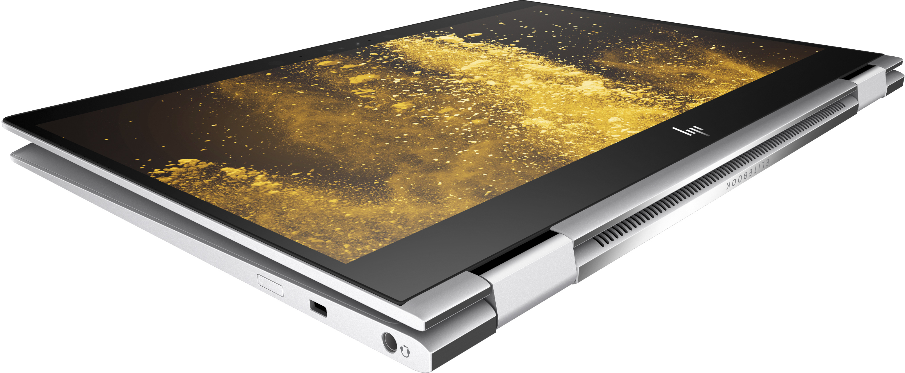 Un laptop argentato, leggermente aperto, che mostra lo schermo. Lo schermo è nero con polvere dorata.