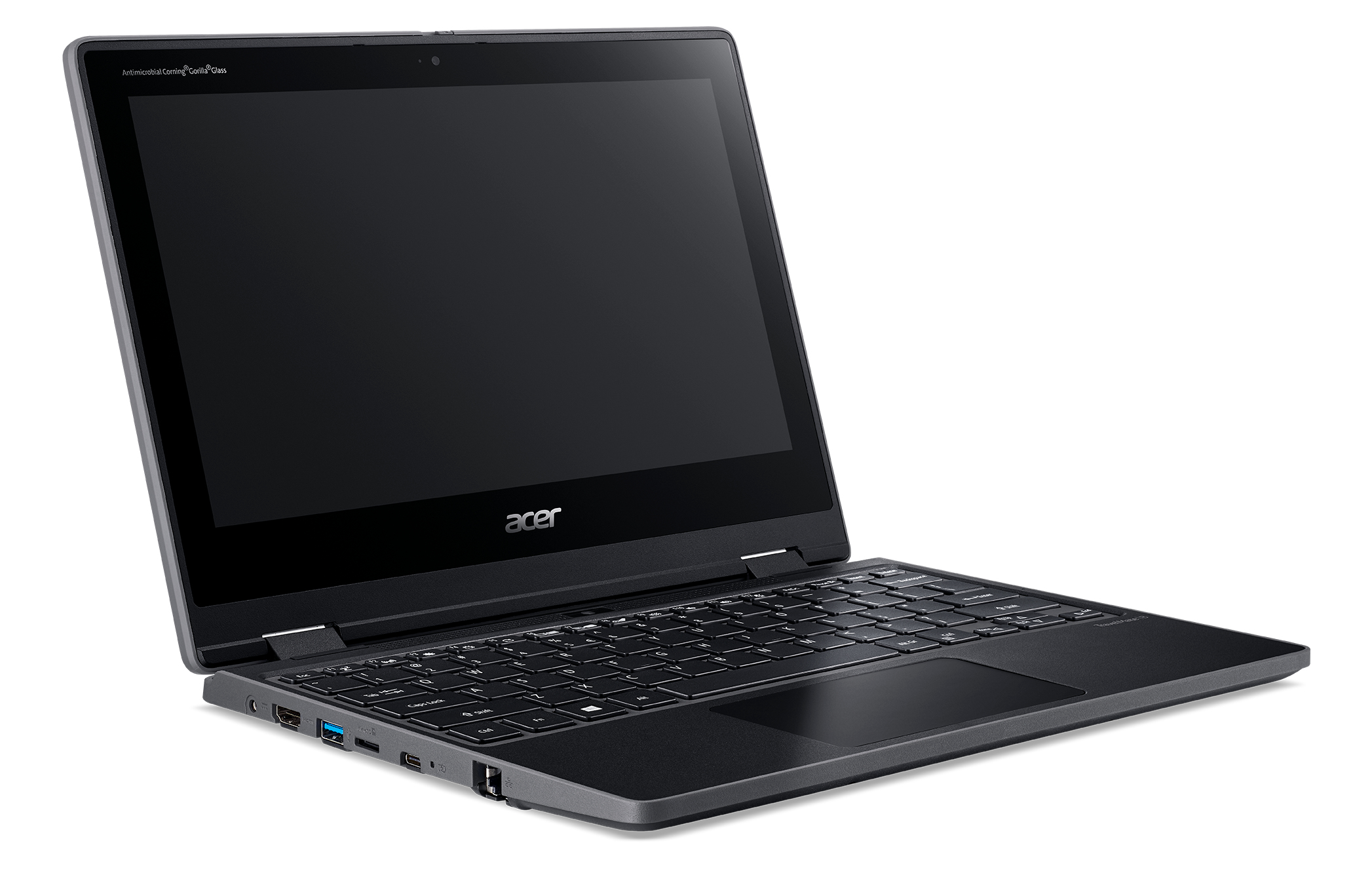 Laptop Acer, nero. Aperto, schermo angolato, tastiera visibile. Sfondo bianco.