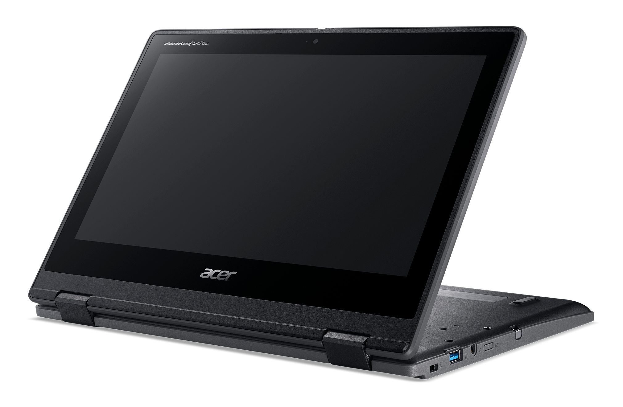 Laptop Acer nero con schermo nero, aperto ad angolo. Sfondo bianco.