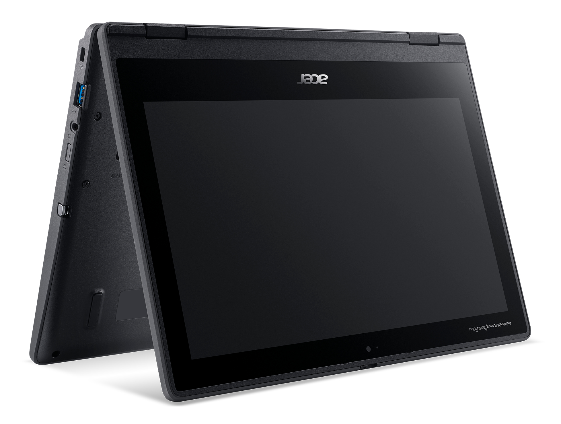 Laptop nero con schermo aperto su una superficie bianca. Lo schermo è nero.