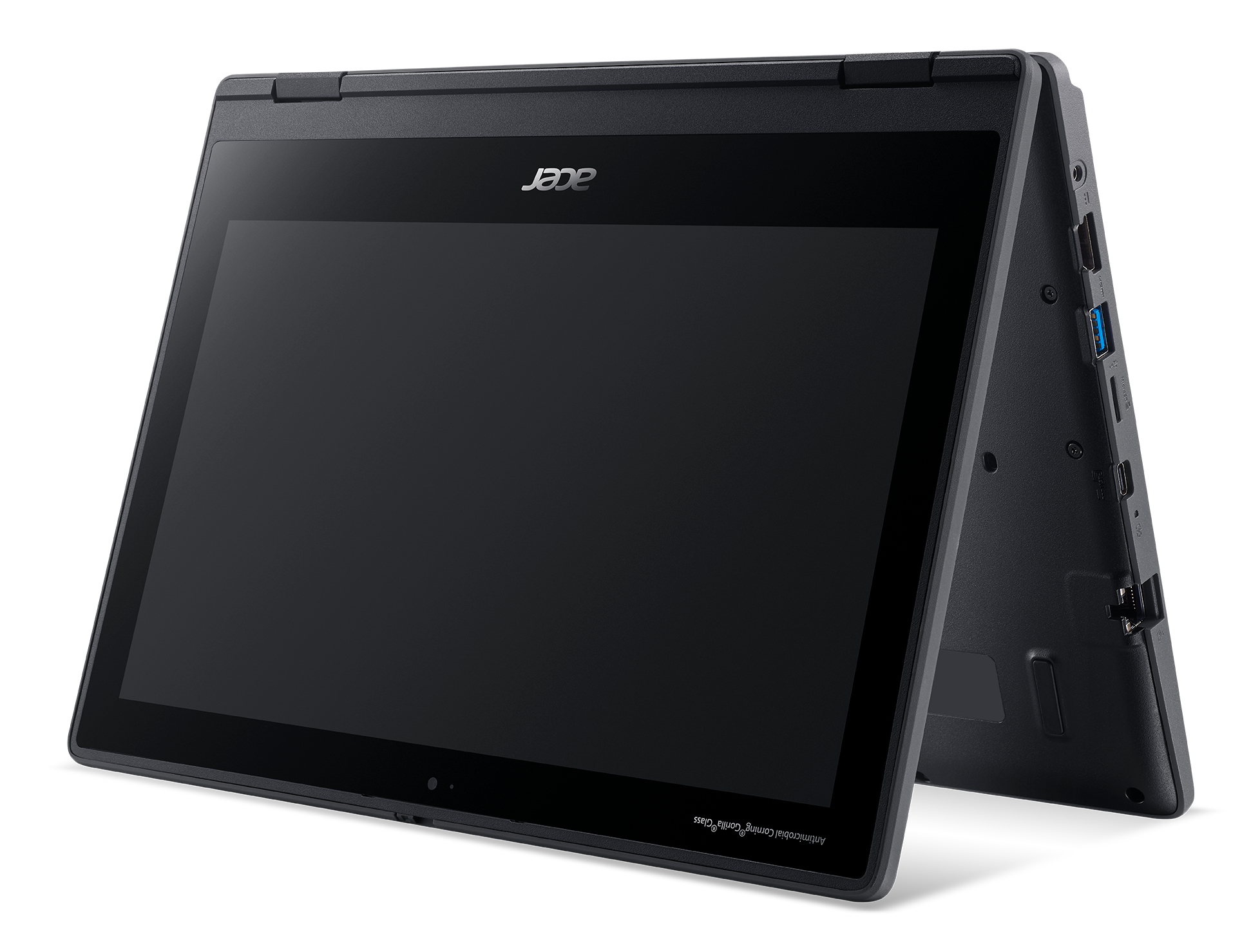Un laptop Acer nero in modalità tablet, che mostra lo schermo.