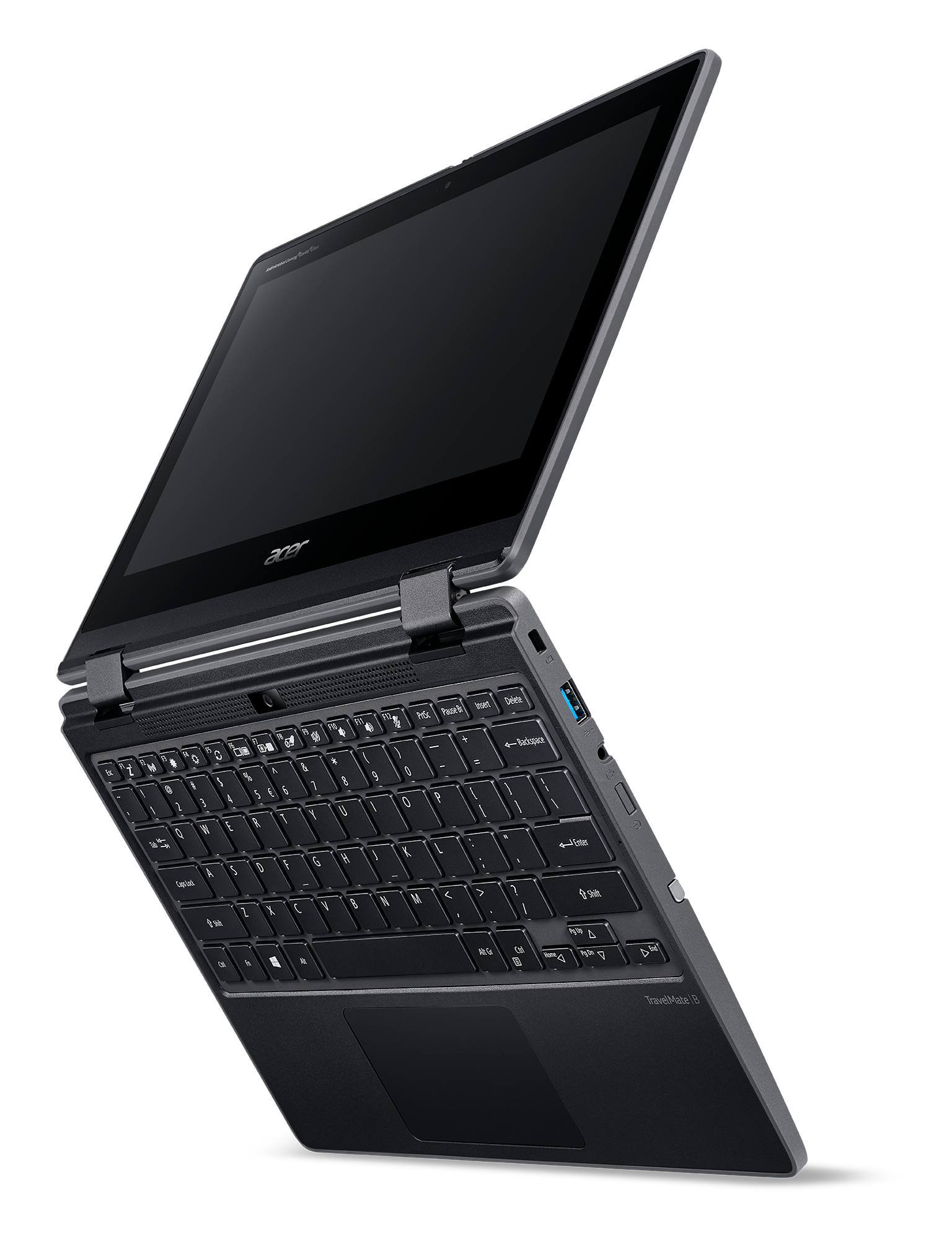 Laptop nero su sfondo bianco, aperto ad angolo.