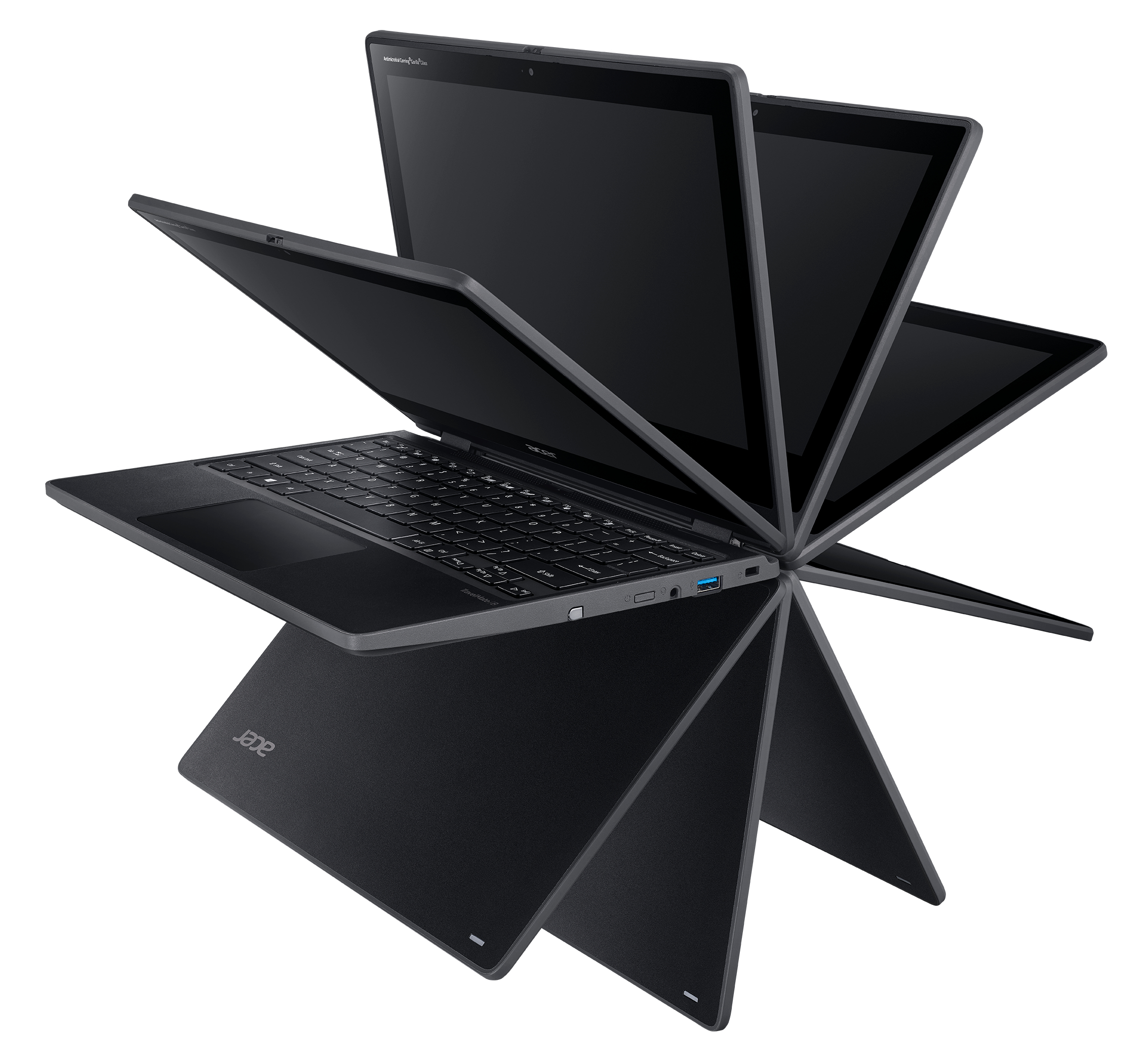 Laptop Acer nero con un design multi-angolo unico su sfondo bianco.