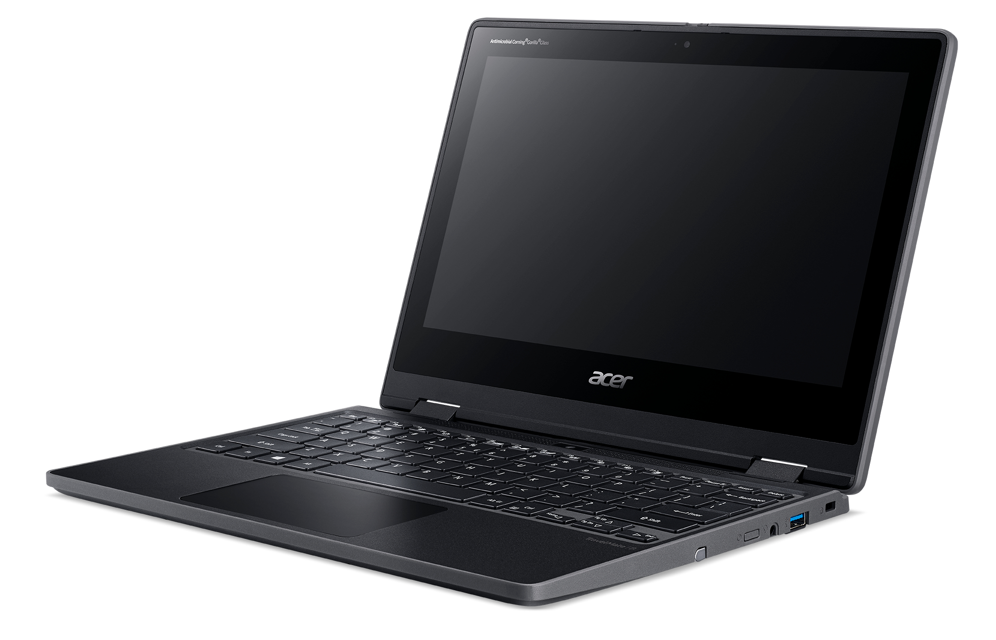 Un laptop nero con tastiera e schermo neri. Lo schermo è aperto e mostra un display nero.