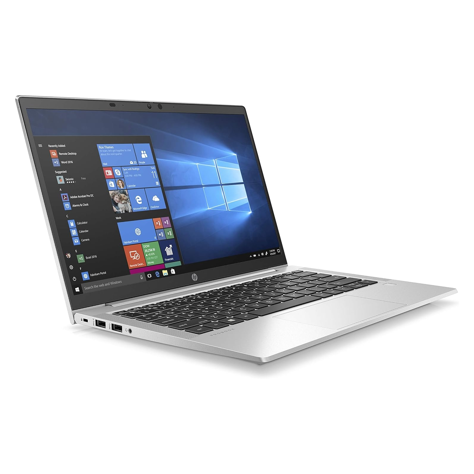 Laptop HP argentato su sfondo bianco. Lo schermo mostra l'interfaccia di Windows.