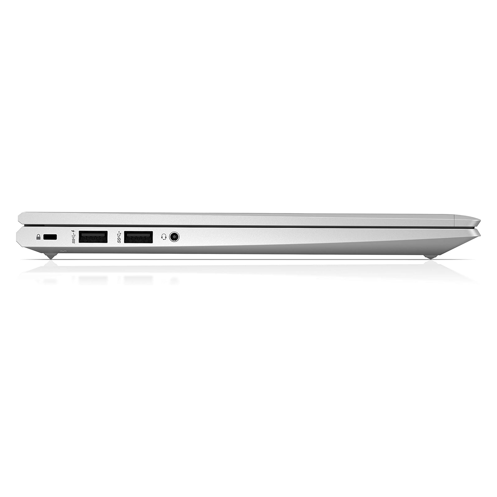 Vista laterale di un laptop argentato, che mostra le porte e un pulsante di accensione sul lato.