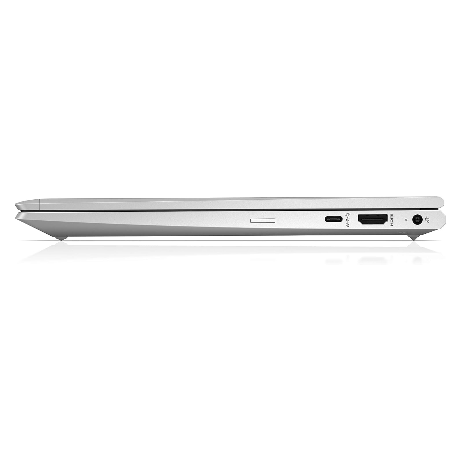 Vista laterale di un laptop argentato, chiuso, con porte visibili, su sfondo bianco.