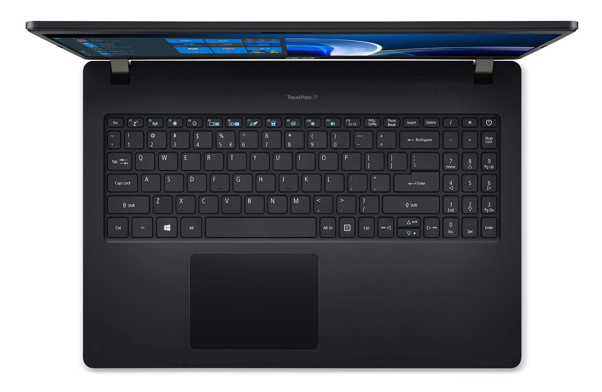 Un laptop con tastiera nera, aperto. Lo schermo mostra un'interfaccia Windows. Il laptop è su una superficie bianca.