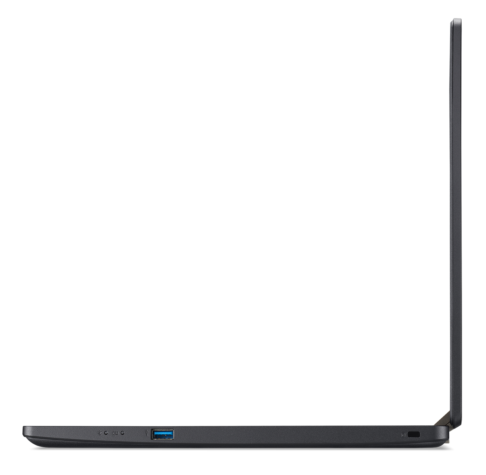 Vista laterale di un laptop nero, che mostra le porte e lo schermo chiuso.