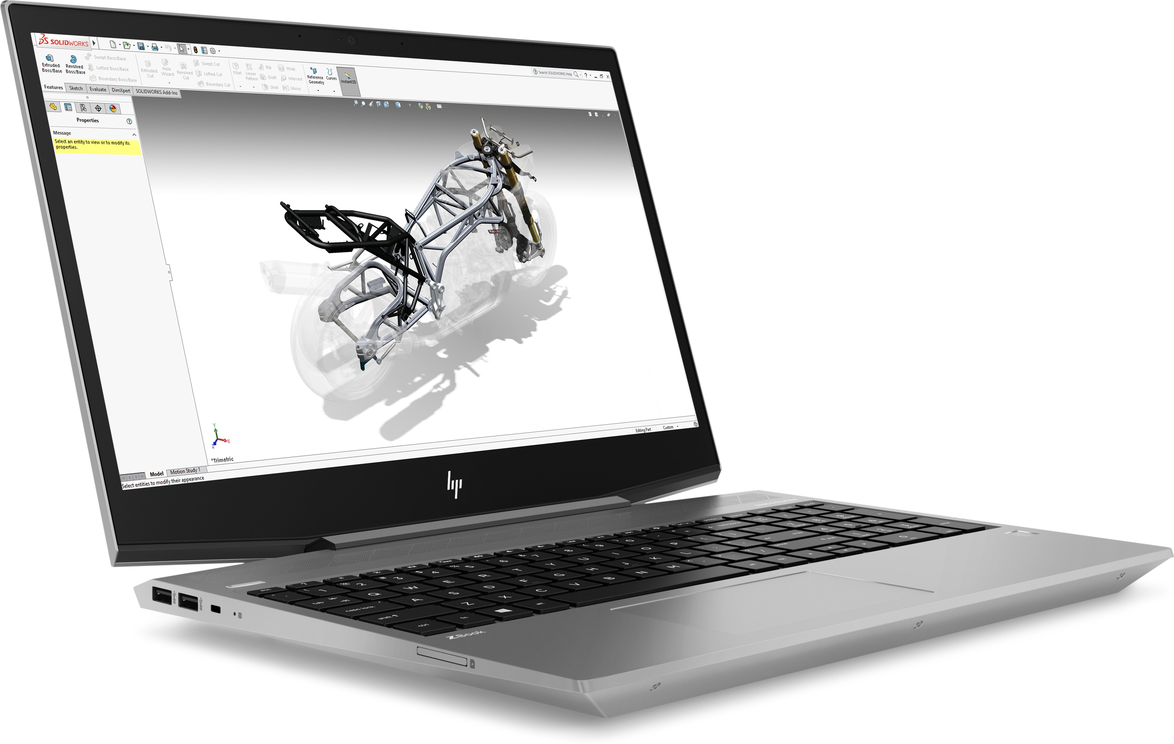 Laptop che mostra un design di motocicletta sullo schermo, angolato su una superficie bianca.