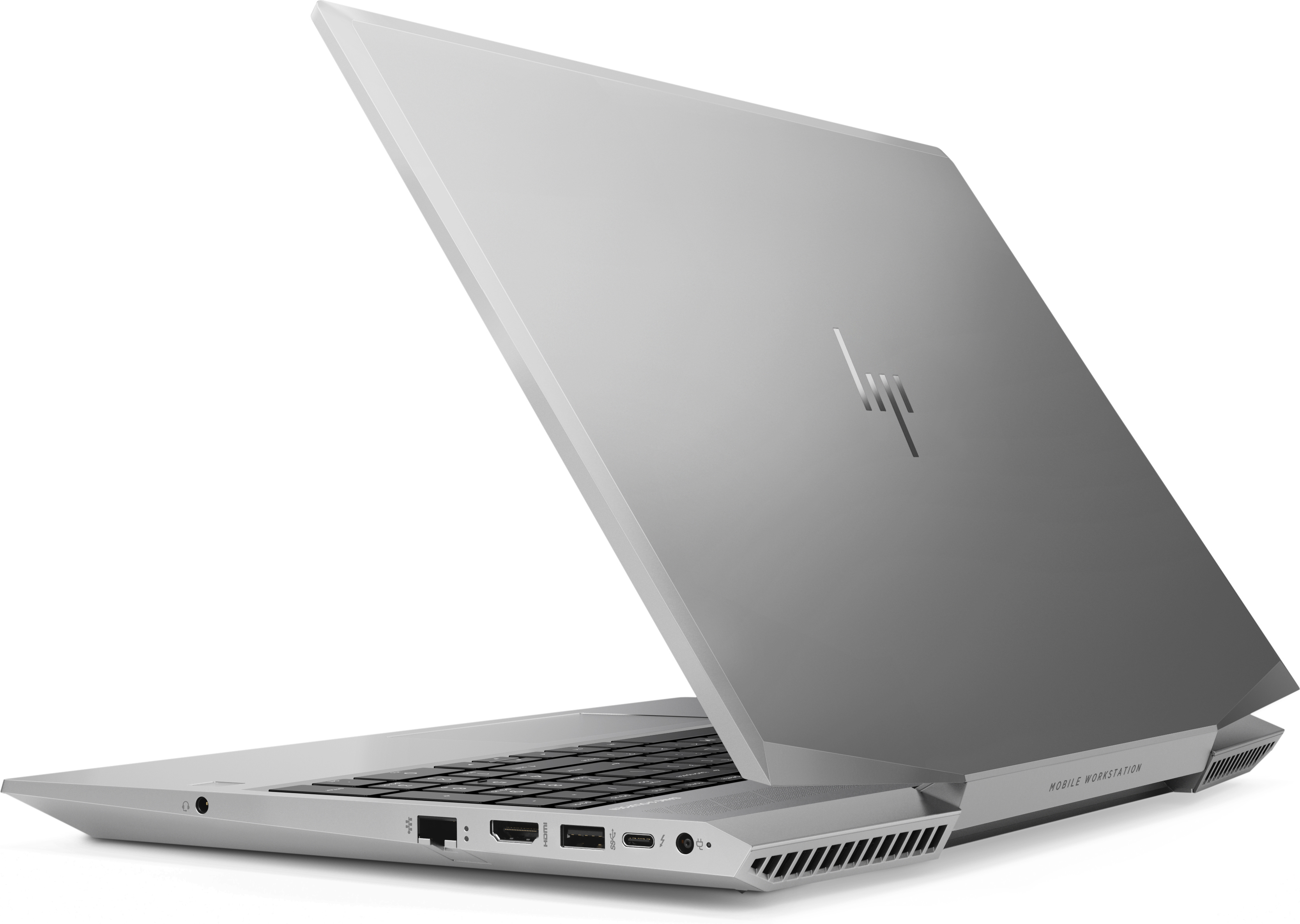 Laptop argentato, vista posteriore, parzialmente aperto. Logo HP visibile, tastiera nera. Sfondo bianco.