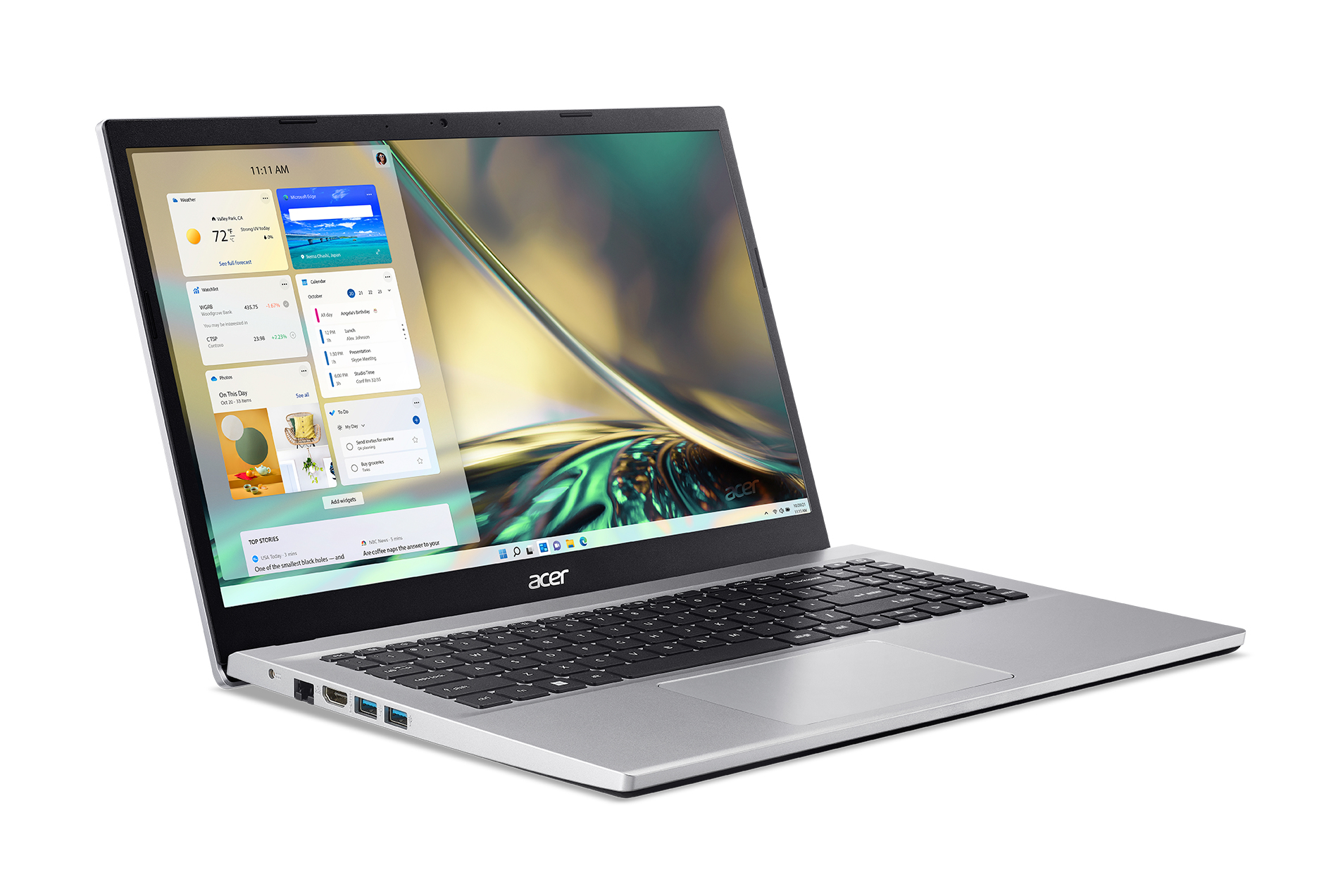 Laptop argentato con schermo che mostra un dashboard meteo e un calendario.