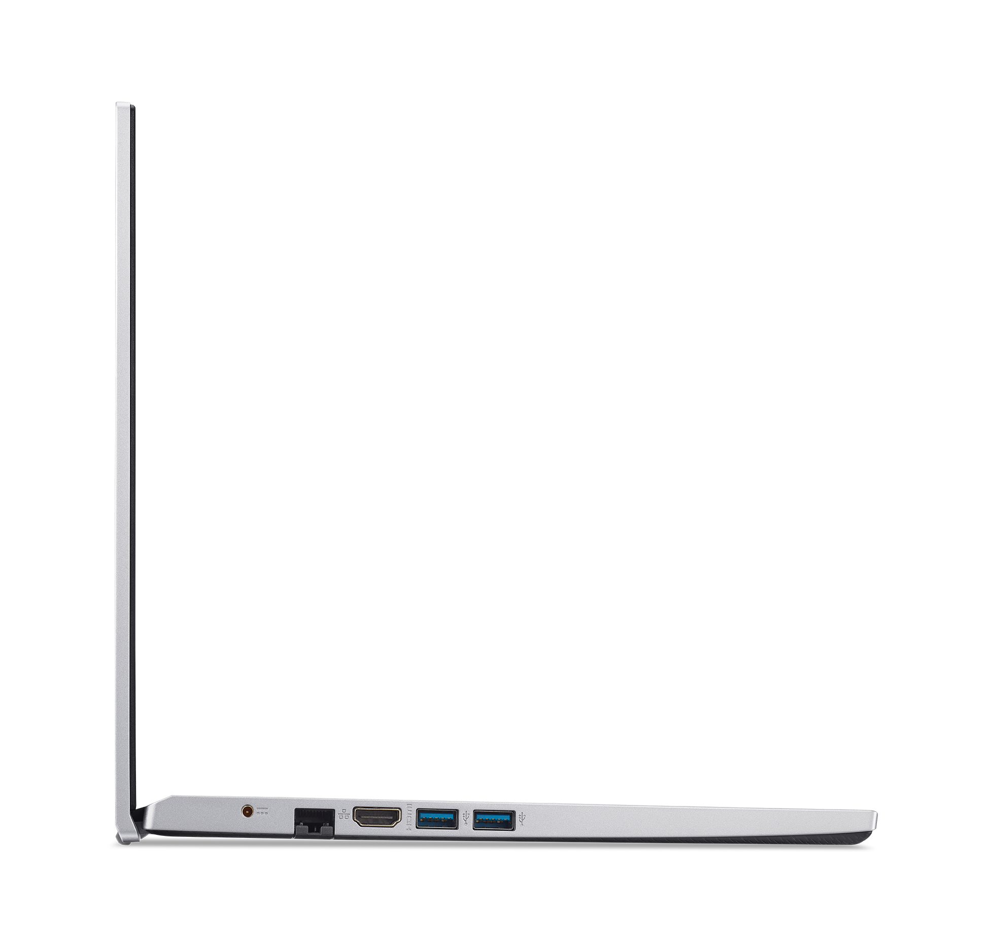 Vista laterale di un laptop argentato su sfondo bianco, con porte visibili.