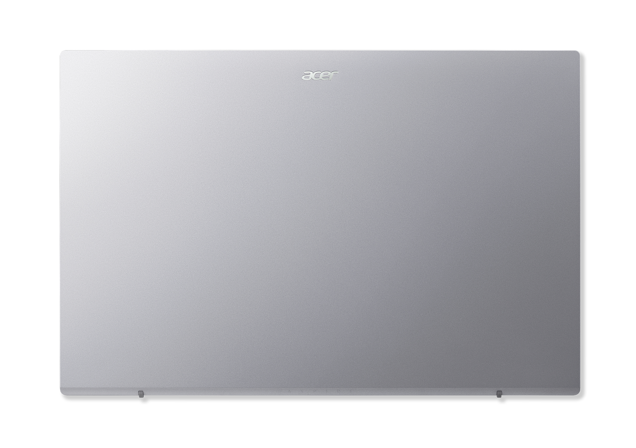 Coperchio laptop argento con logo 'acer'. Sfondo bianco.