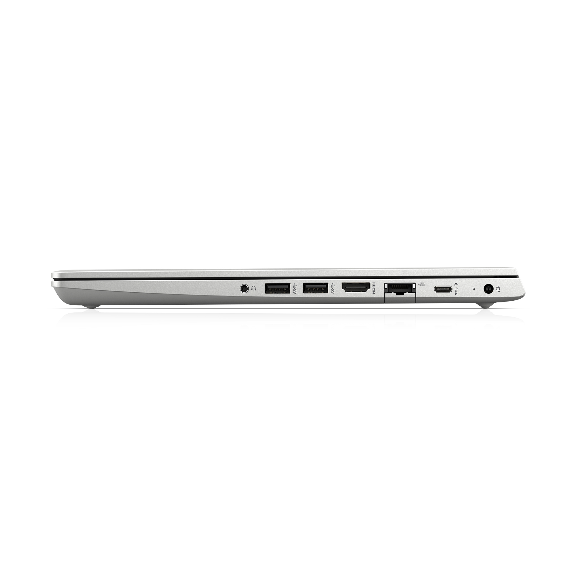 Un profilo laterale di un laptop argentato. Sono visibili varie porte.