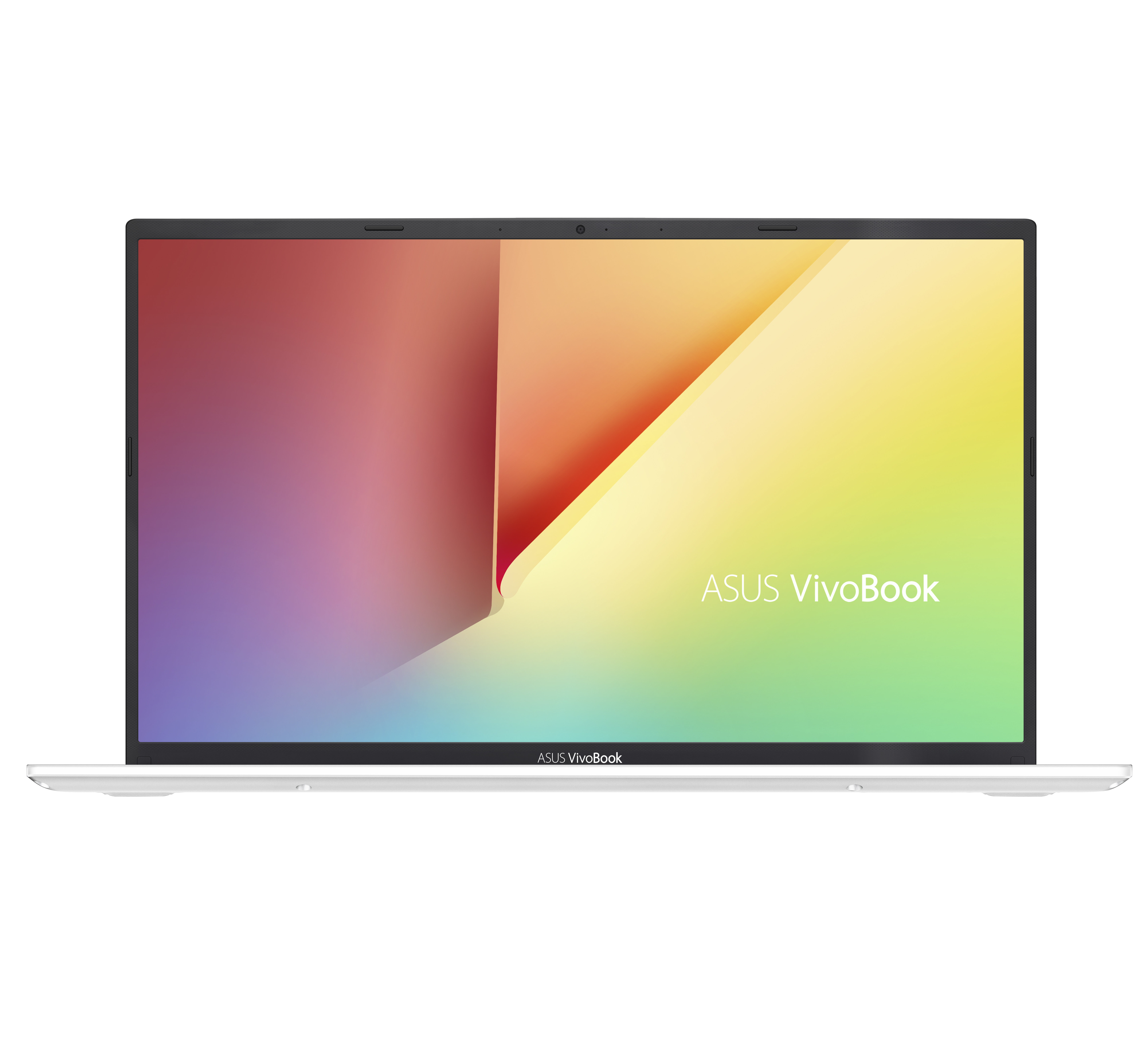 Un laptop bianco con il logo ASUS Vivobook in basso. Lo schermo mostra una sfumatura di colori.