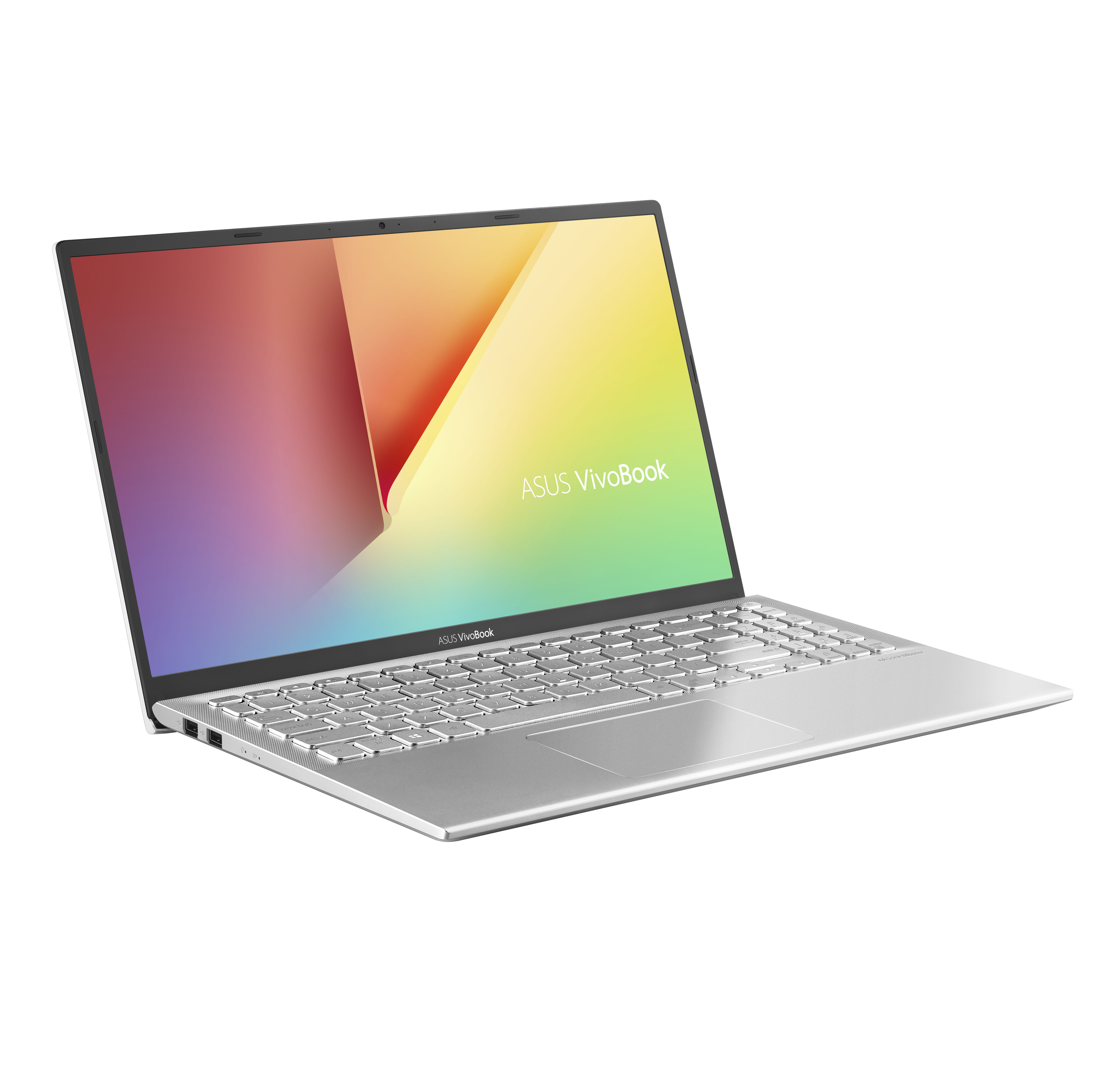 Laptop argento con schermo aperto. Lo schermo mostra un'immagine colorata e il testo: ASUS Vivobook. Isolato su bianco.