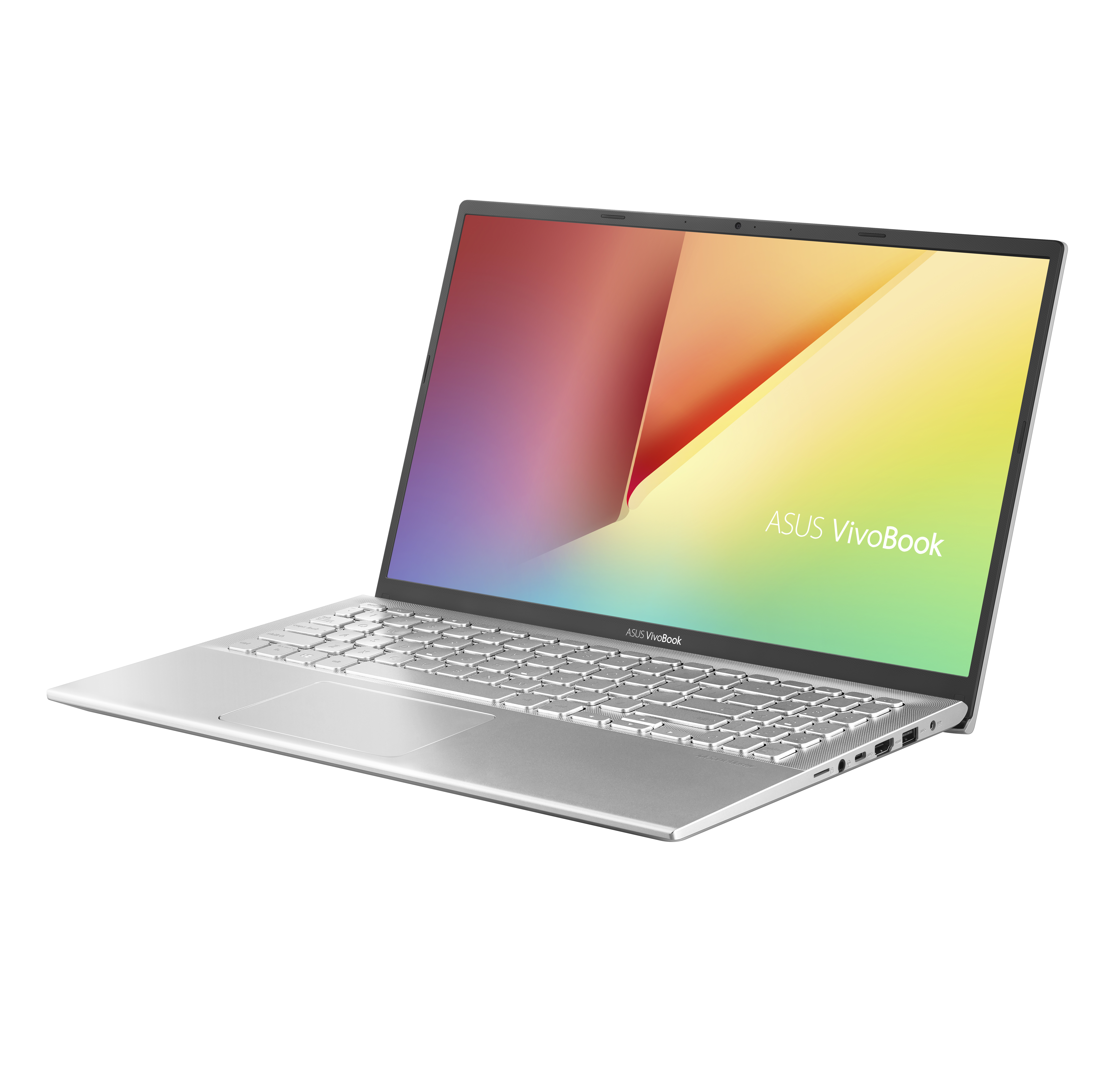 Laptop argentato con schermo aperto. Logo ASUS Vivobook sullo schermo. Sfondo bianco.