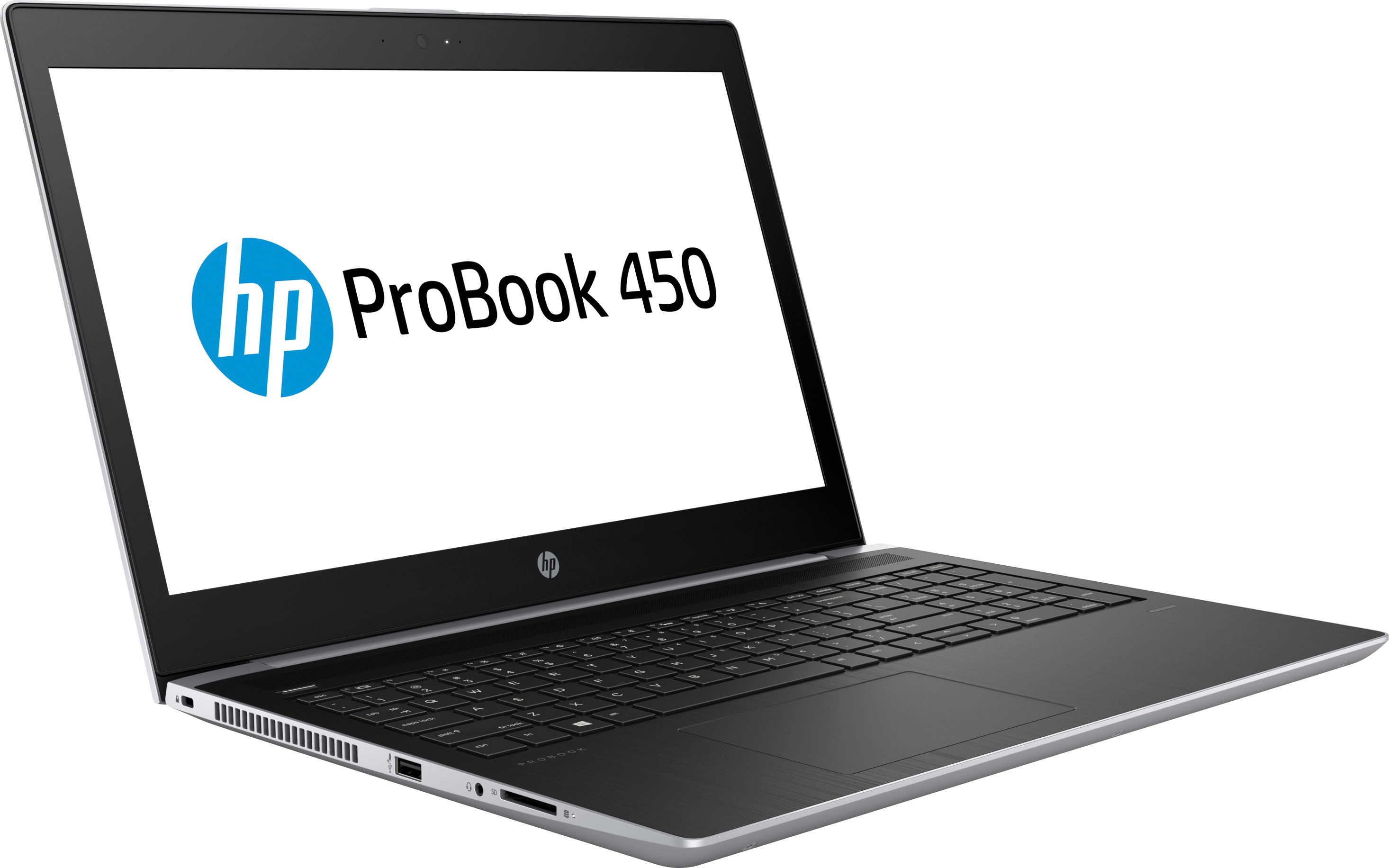 Un laptop nero con il logo hp ProBook 450 sullo schermo.