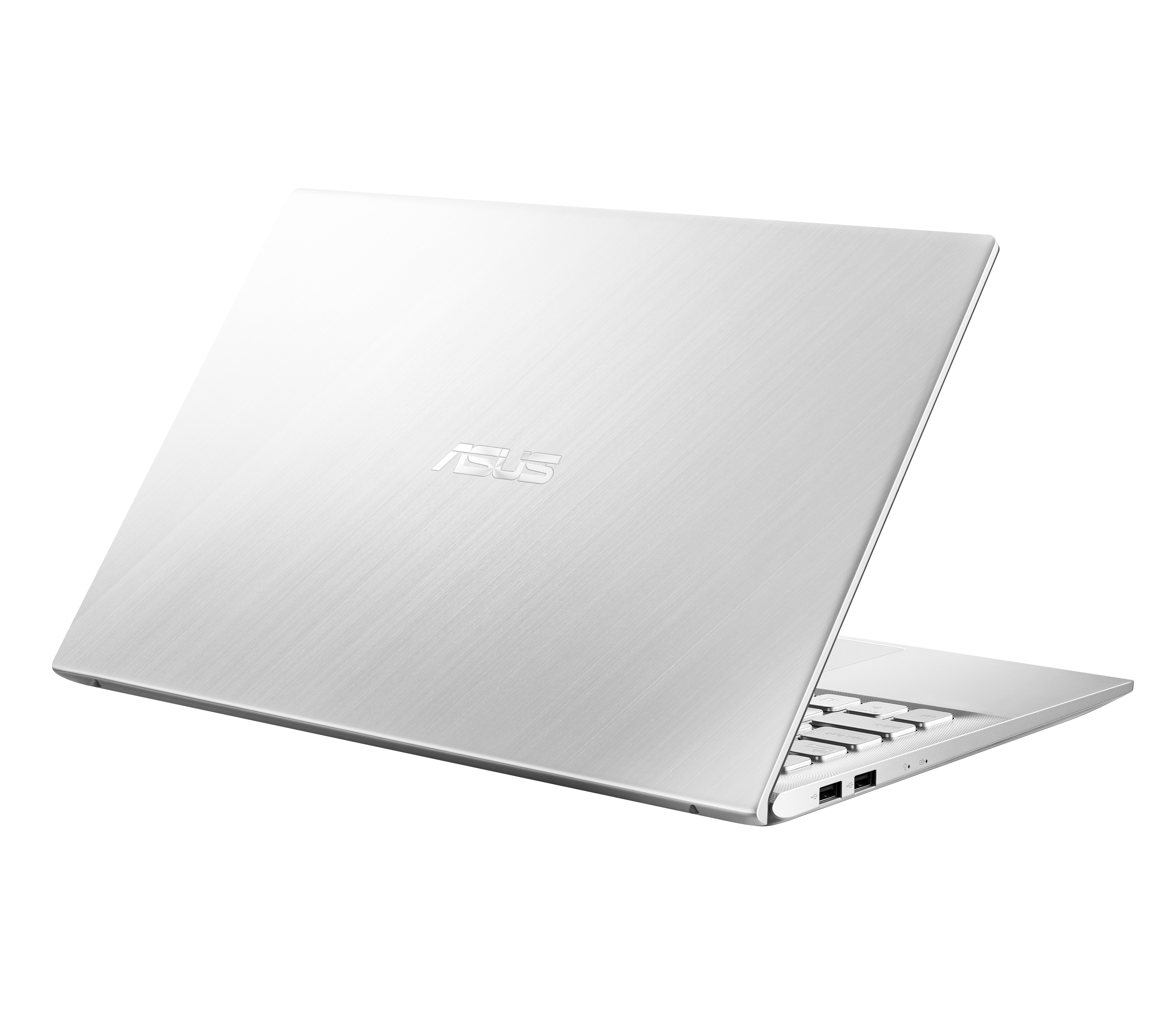 Laptop bianco su sfondo bianco. Vista posteriore, mostra il logo ASUS. Inclinato leggermente a destra.