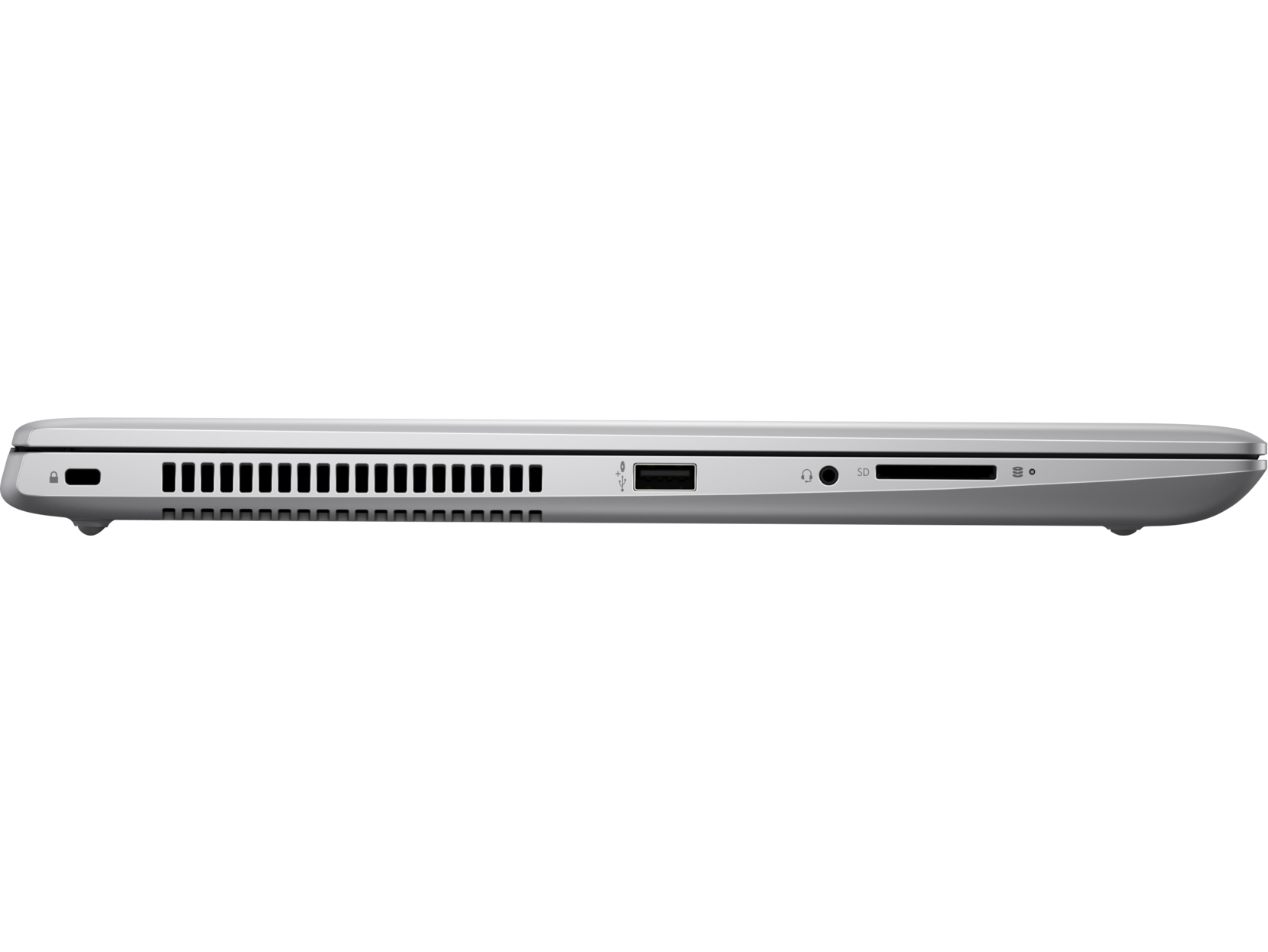 Vista laterale di un laptop argentato. Ha porte USB e schede SD. È su sfondo bianco.