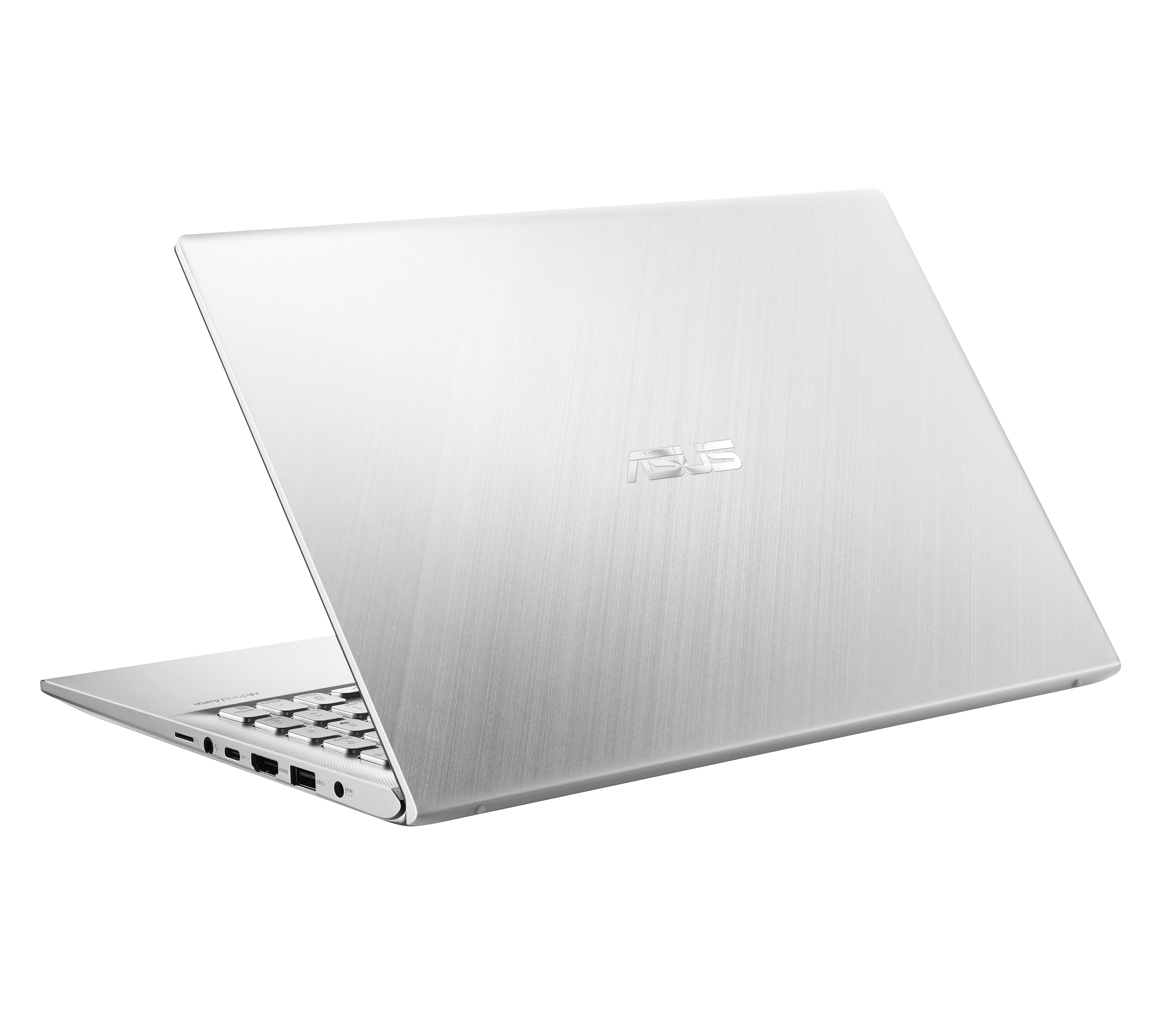 Retro del laptop argentato, chiuso. Logo ASUS sul retro. Sfondo bianco.