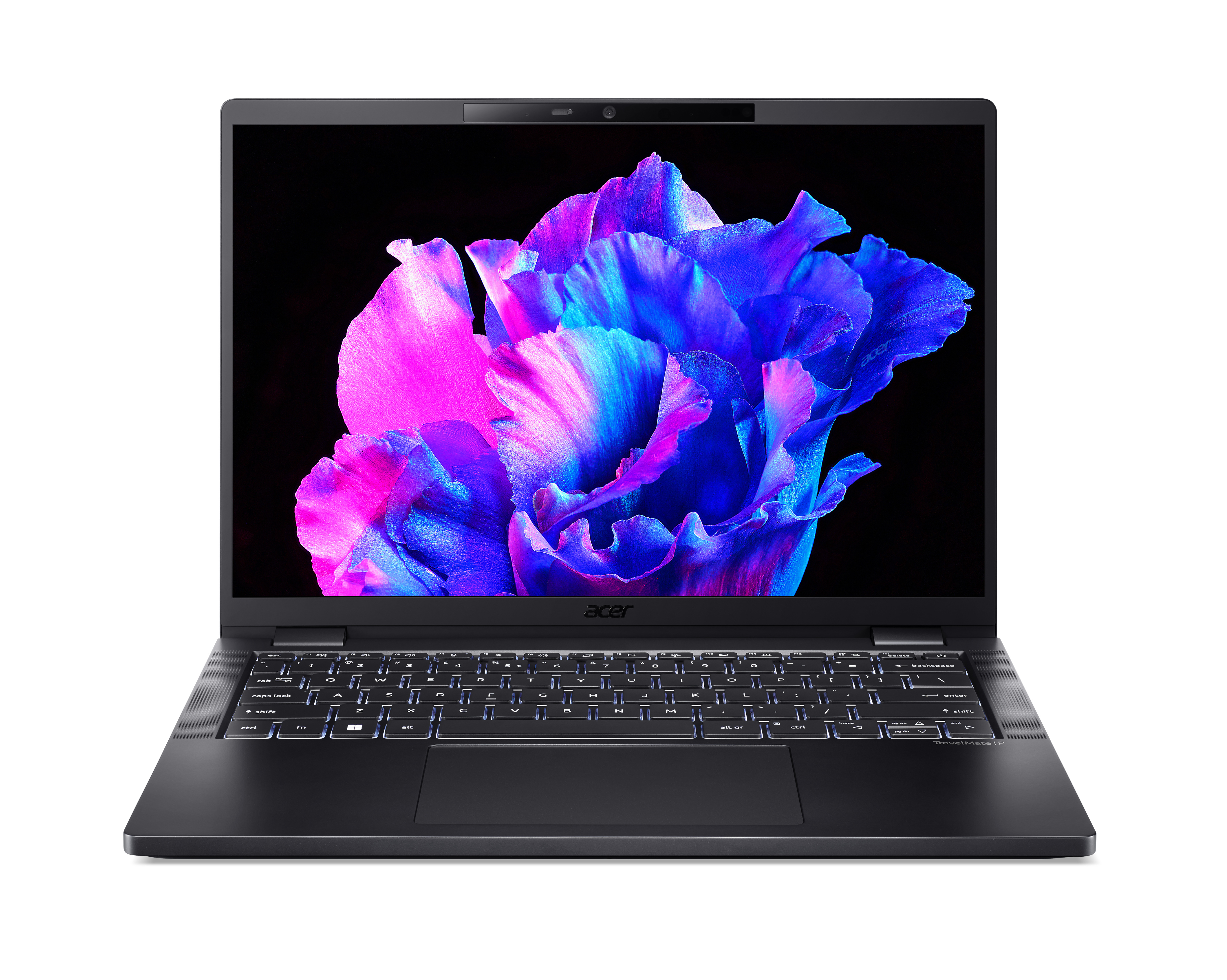 Un laptop scuro che mostra un'immagine di fiori colorati. Lo schermo è aperto. La tastiera è nera.