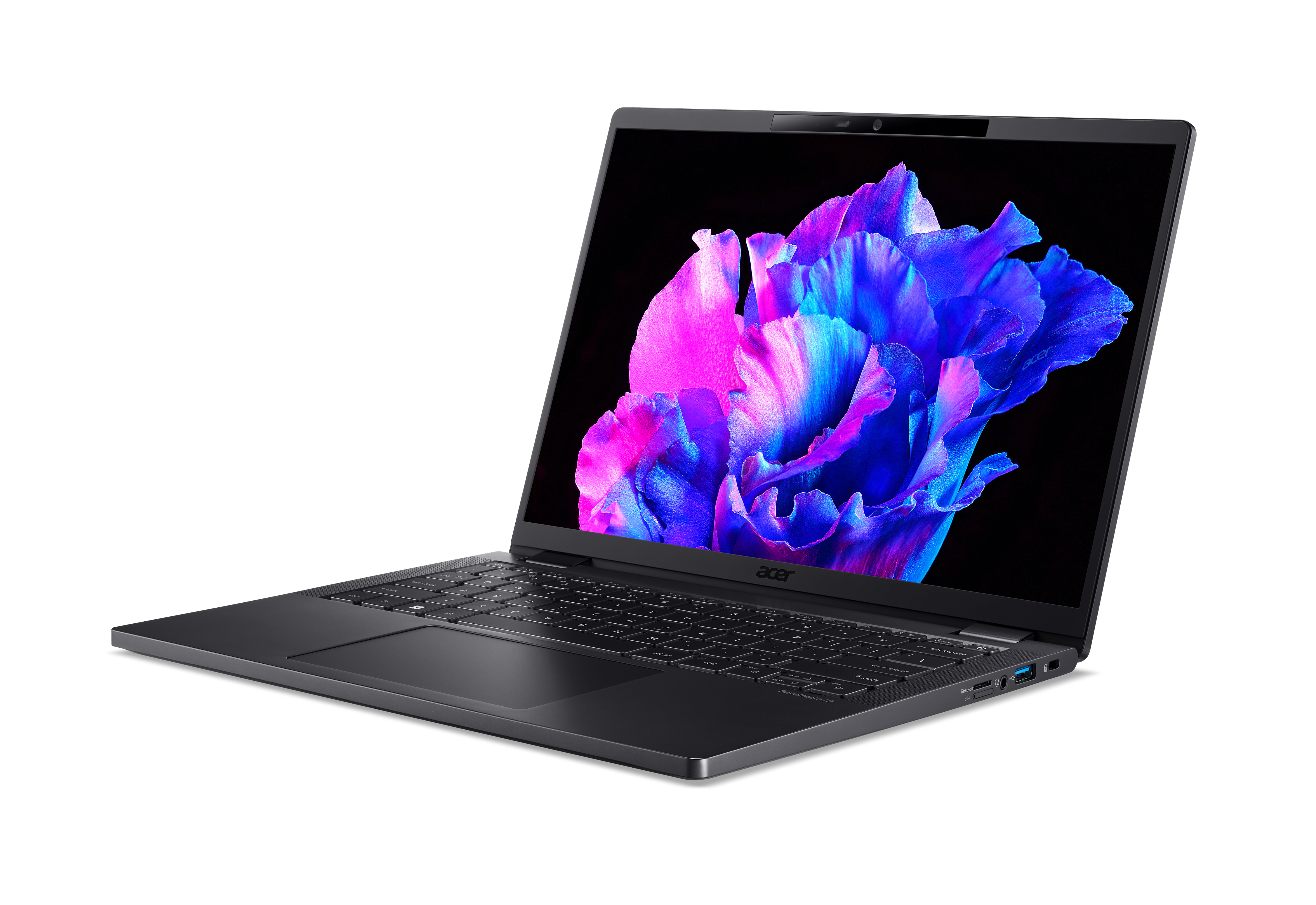 Dunkelgrauer Laptop, geöffnet. Display zeigt ein Blumenbild mit blauen, lila und rosa Farben. Weißer Hintergrund.