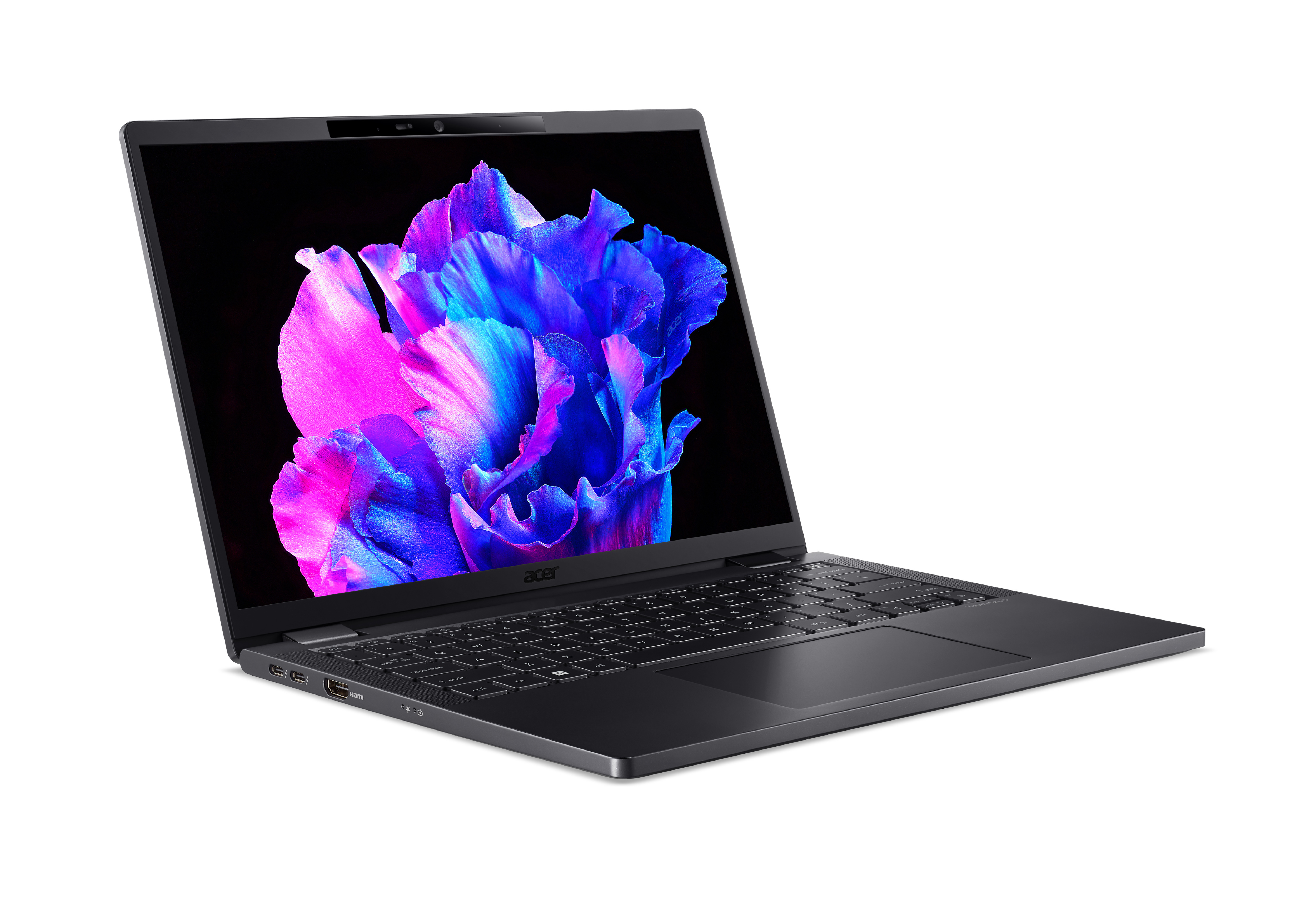 Schwarzer Laptop, geöffnet, zeigt ein farbenfrohes Blumendesign auf dem Bildschirm.