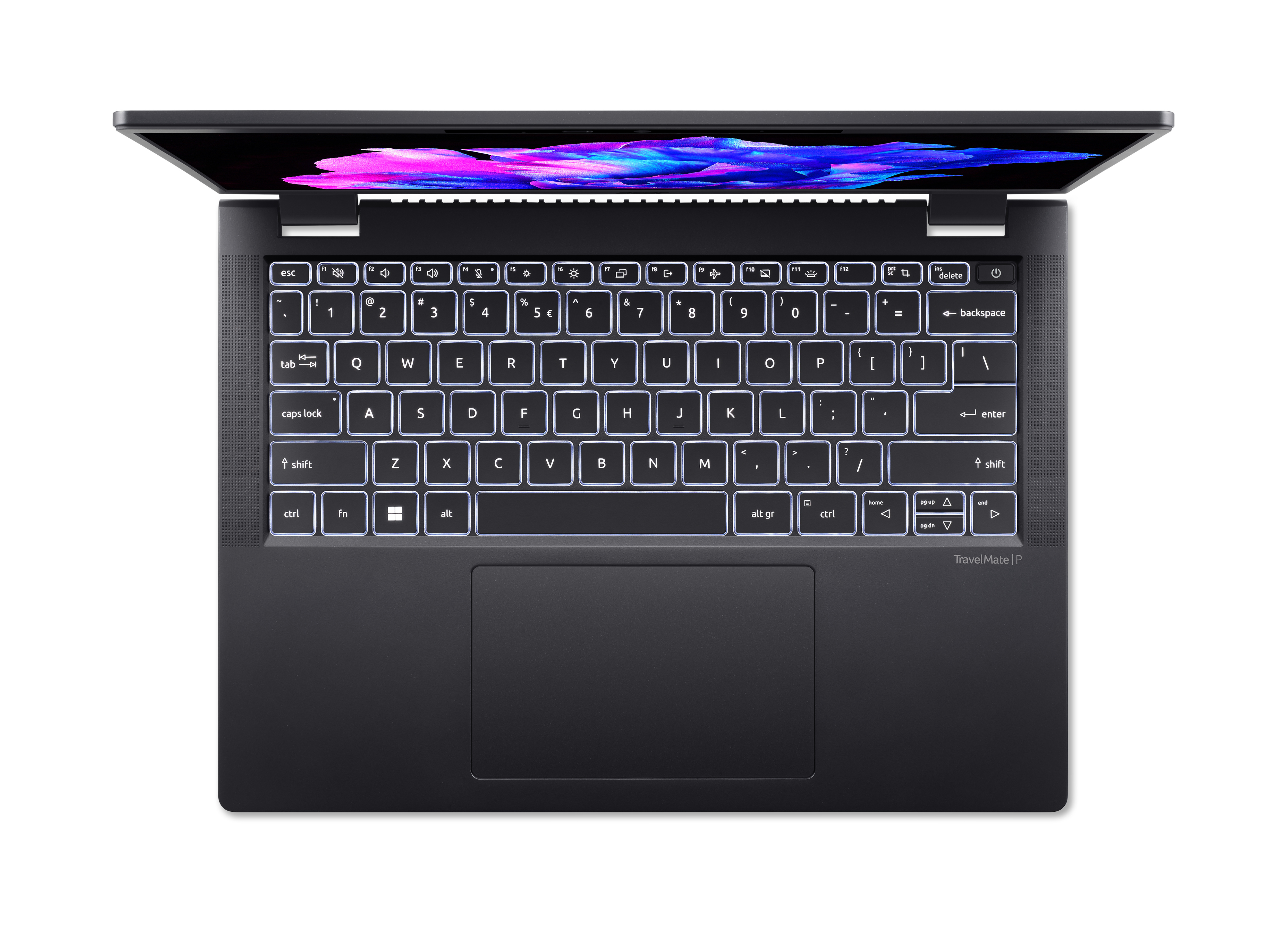 Beleuchtete schwarze Laptop-Tastatur, aus der Vogelperspektive.