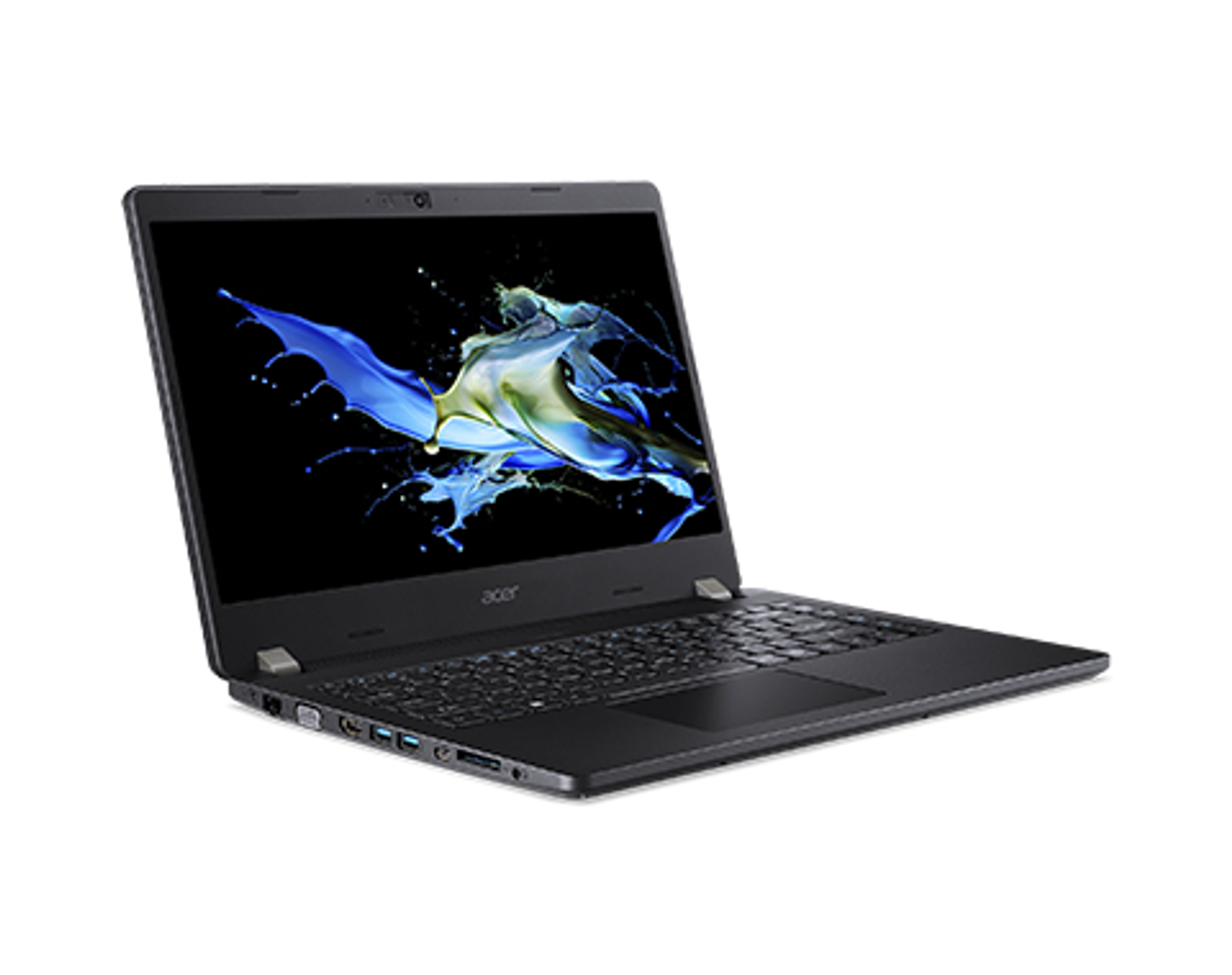 Un laptop nero con un design blu e bianco sullo schermo. Il logo Acer è visibile.