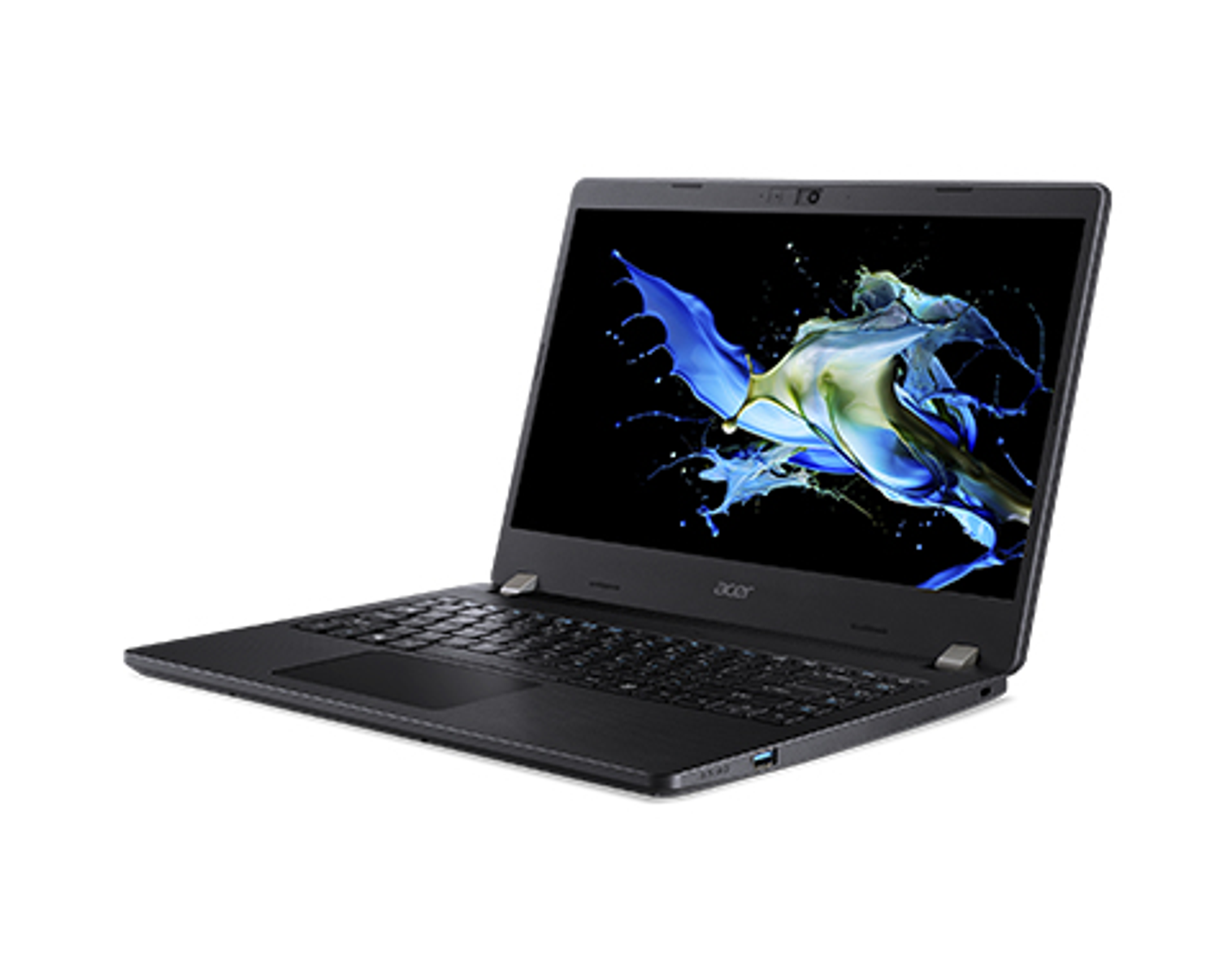 Laptop nero, aperto, con uno splash screen colorato. Logo Acer visibile.