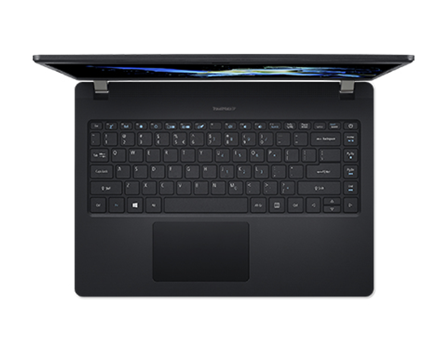 Laptop nero, vista dall'alto, aperto. Tastiera, touchpad e schermo visibili. Sfondo bianco.