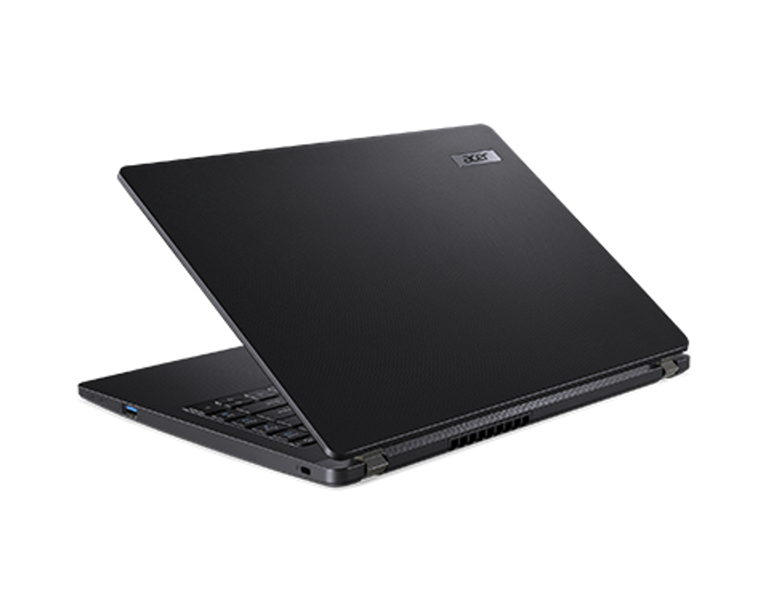 Laptop Acer nero su superficie bianca, mostra il retro dello schermo.